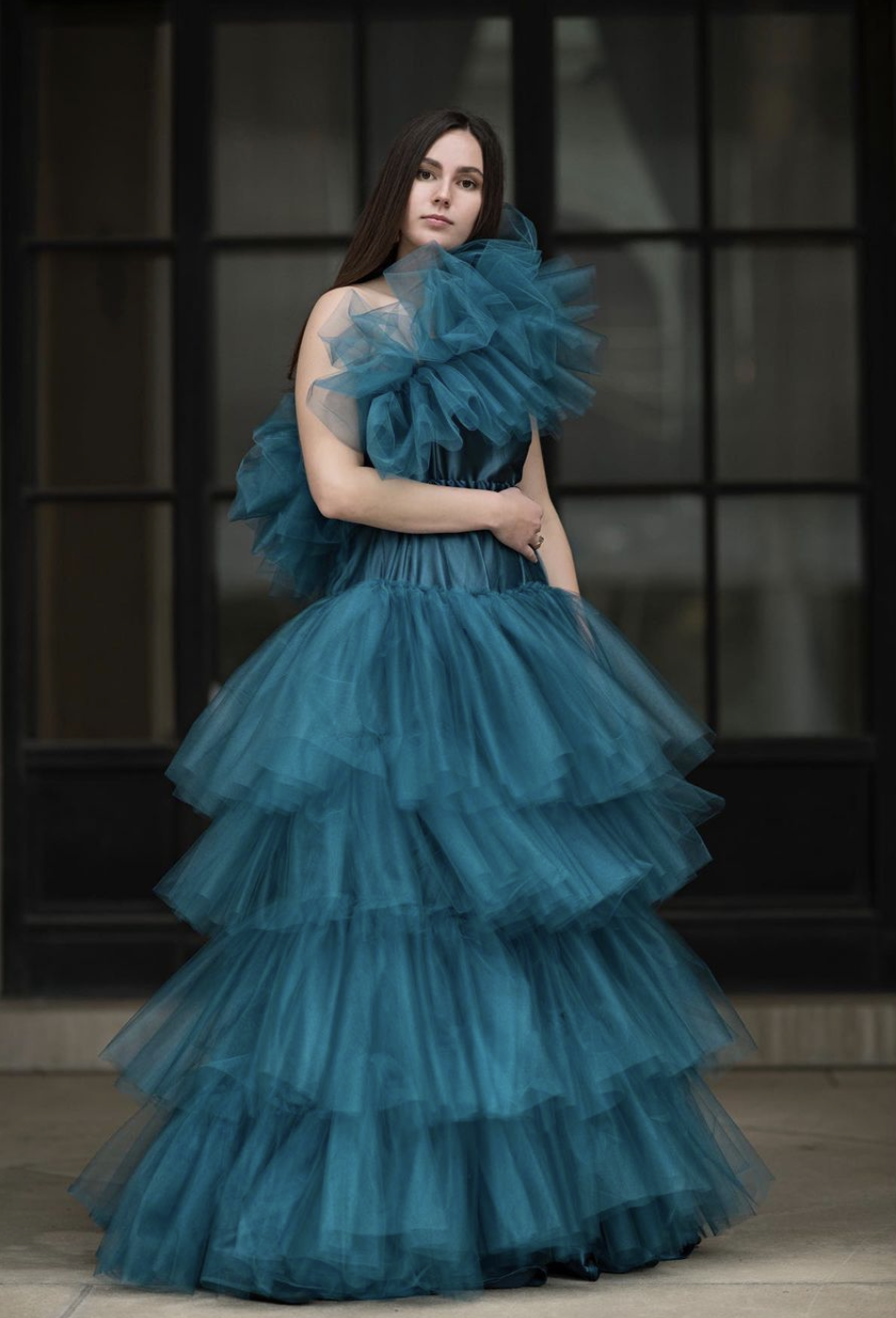 Evening Gown
Teal satin and tulle fabric