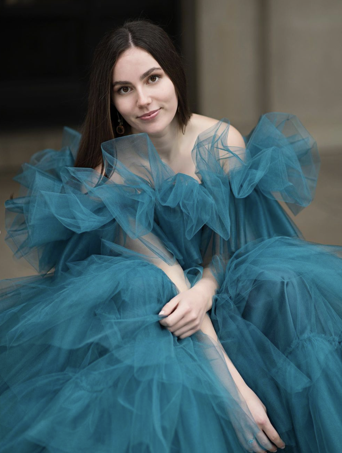 Evening Gown
Teal satin and tulle fabric