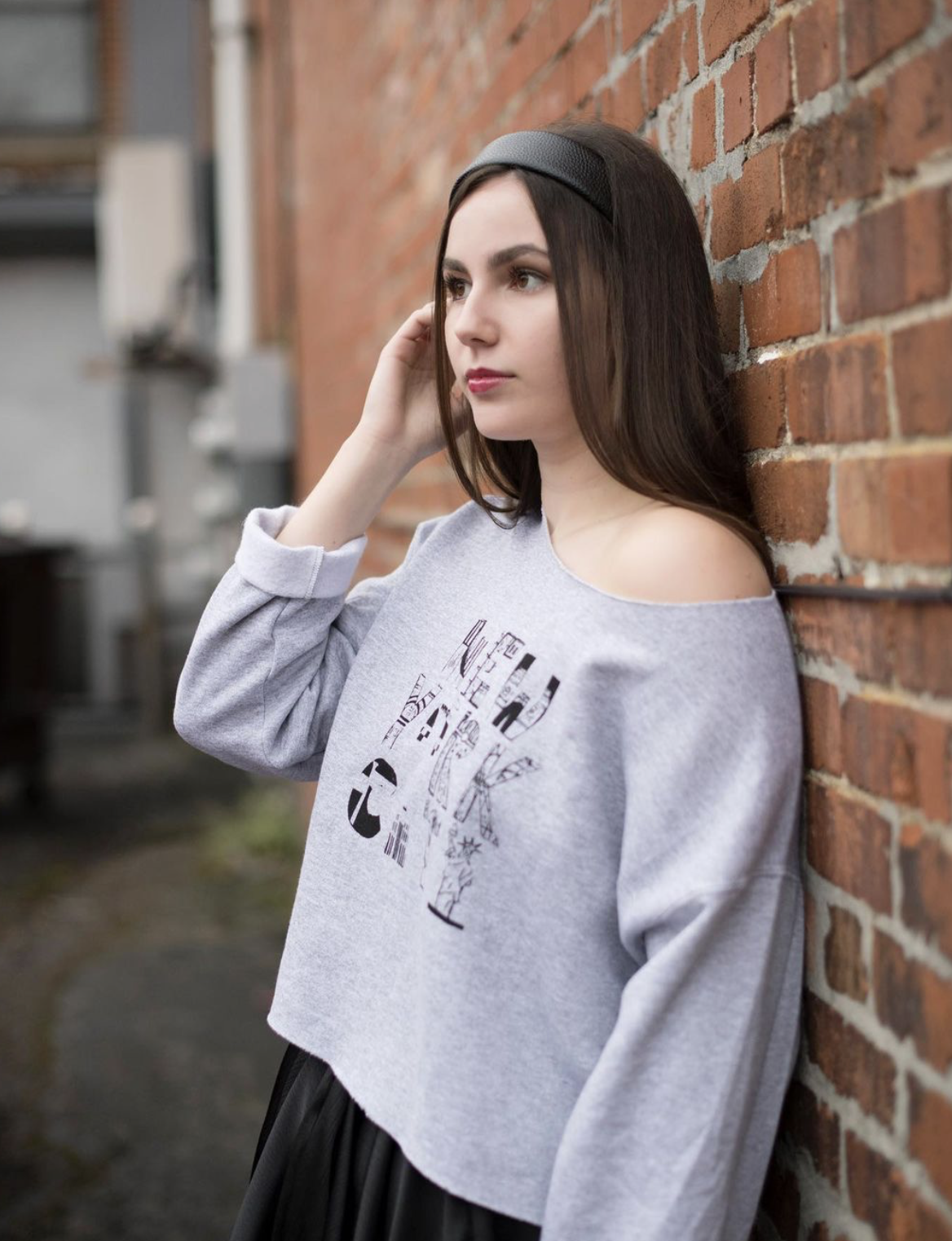 Screenprint NYC Graphic Sweatshirt, Long Sleeve Button Down, Swing Skirt
Black Fabric paint on Cotton, Cotton blend, and Satin
