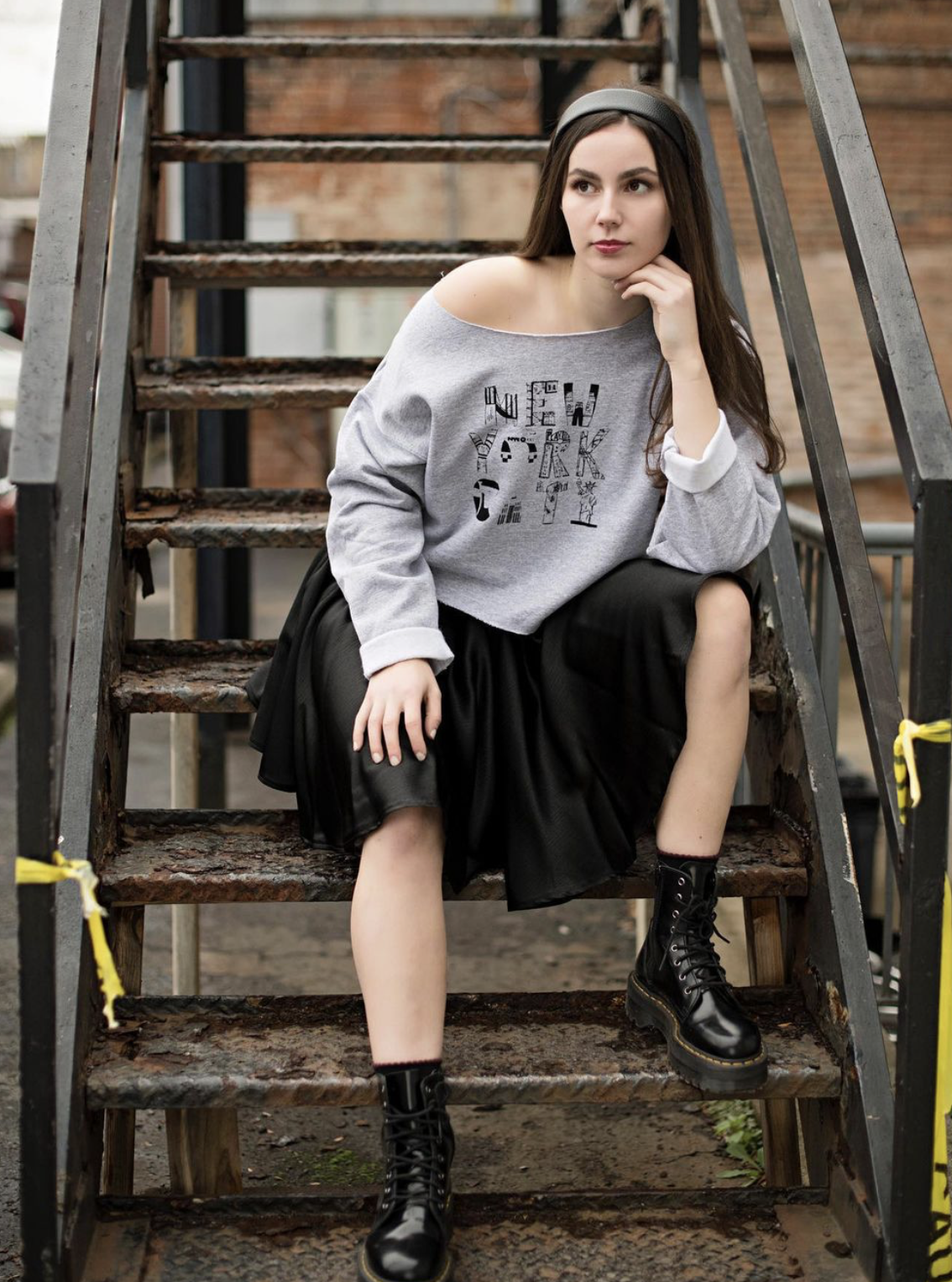 Screenprint NYC Graphic Sweatshirt, Long Sleeve Button Down, Swing Skirt
Black Fabric paint on Cotton, Cotton blend, and Satin