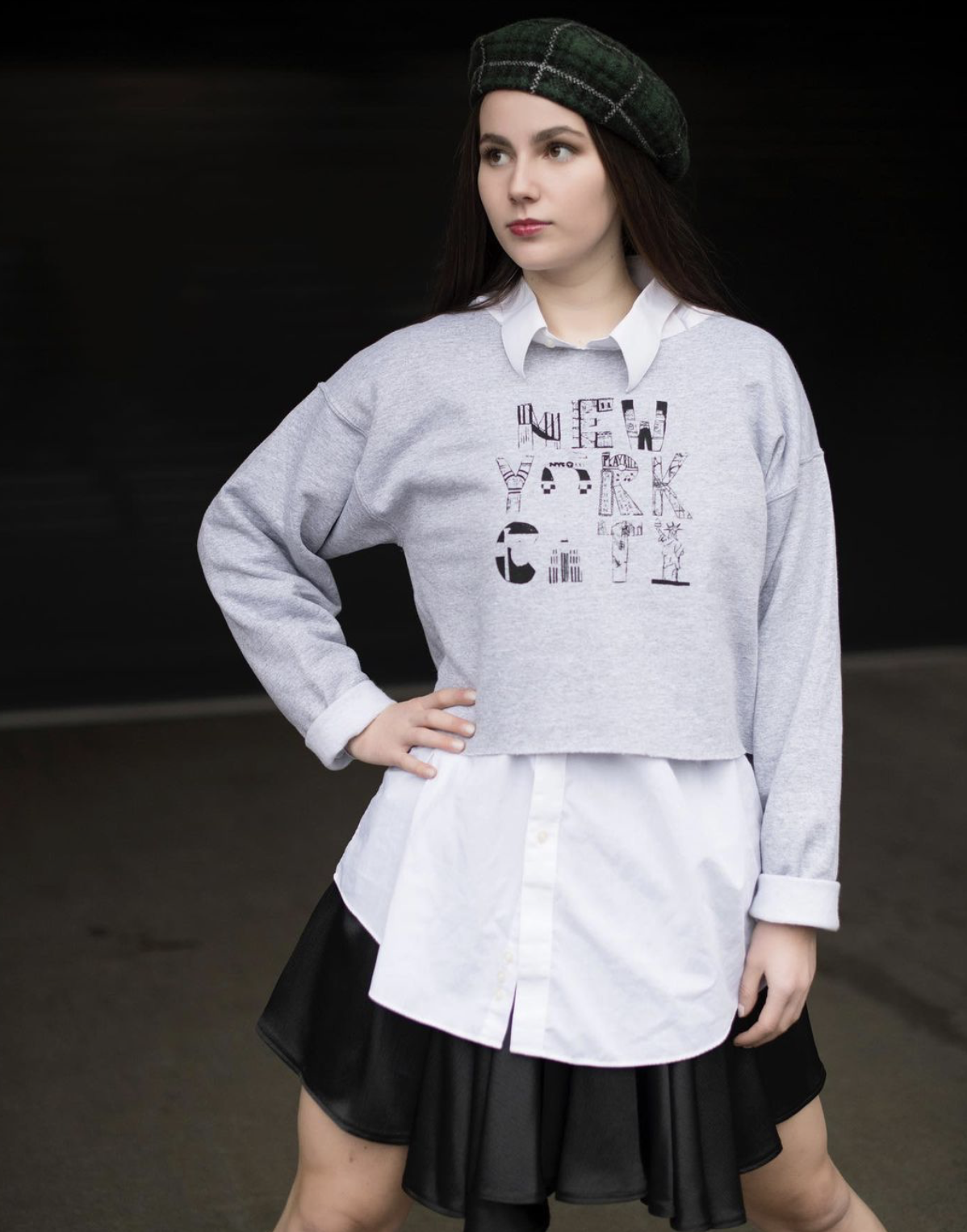 Screenprint NYC Graphic Sweatshirt, Long Sleeve Button Down, Swing Skirt
Black Fabric paint on Cotton, Cotton blend, and Satin
