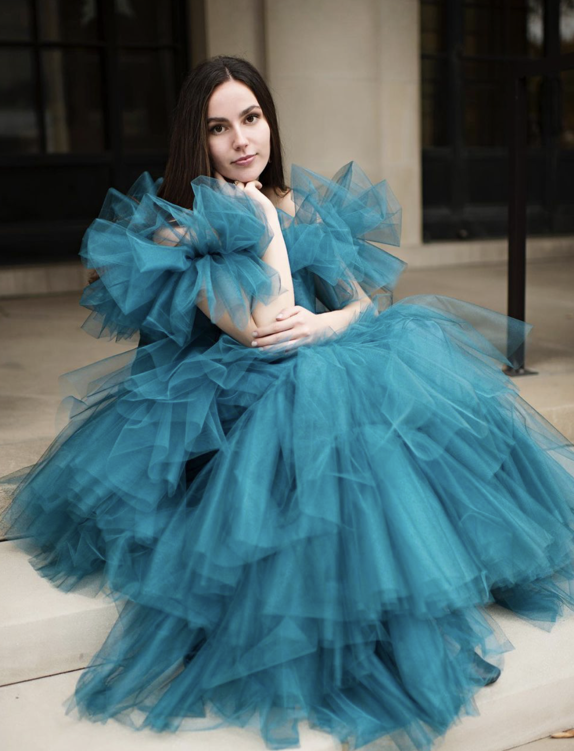Evening Gown
Teal satin and tulle fabric