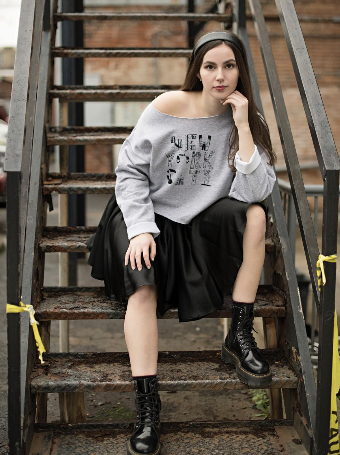 Screenprint NYC Graphic Sweatshirt, Long Sleeve Button Down, Swing Skirt
Black Fabric paint on Cotton, Cotton blend, and Satin