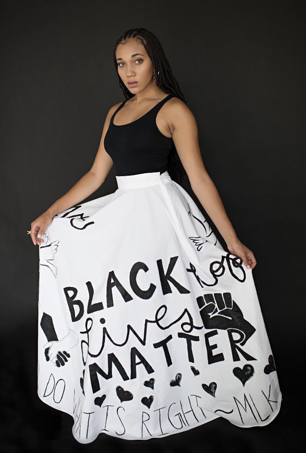 BLM Skirt
Paint on Cotton
Made for one of my friends, Kaia Woodford, who led protests and raised awareness for BLM in Bexley and Columbus Ohio. She was featured in a magazine and wore this skirt