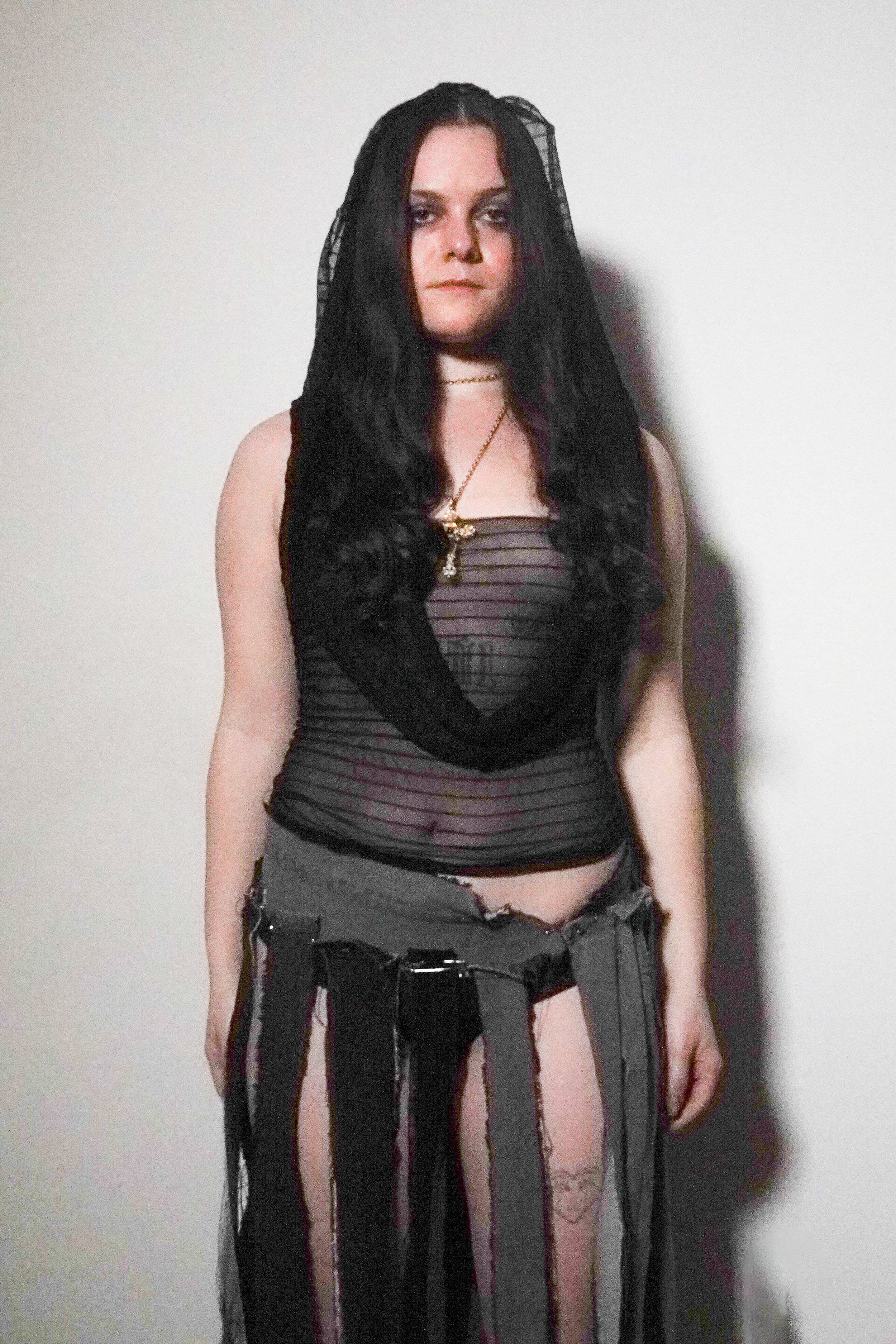 Tube Hood Top and Denim Strip Skirt
Sheer Jersey Denim Saftey Pins