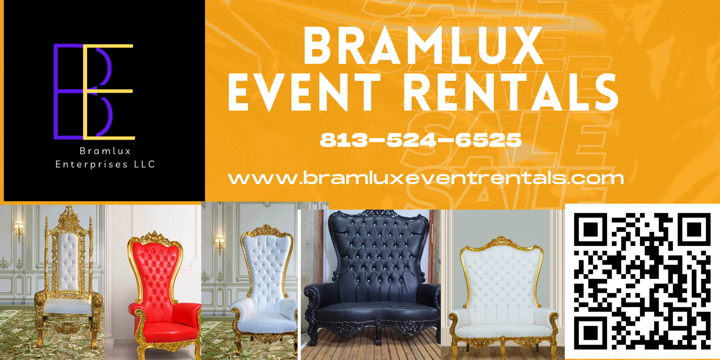 An advertisement for BramLux Event Rentals with a black, orange, and white color scheme. It features the company logo, contact information, website, and a gallery of five ornate chairs in various styles and colors at the bottom.