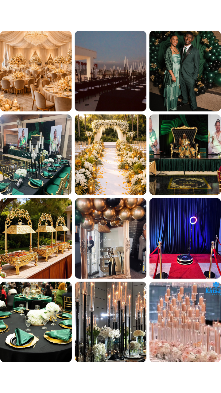 A collage of various decorated event spaces, including elegant dining tables, outdoor wedding ceremony setup, people in formal attire, themed party entrance, and decorative balloon arrangements.