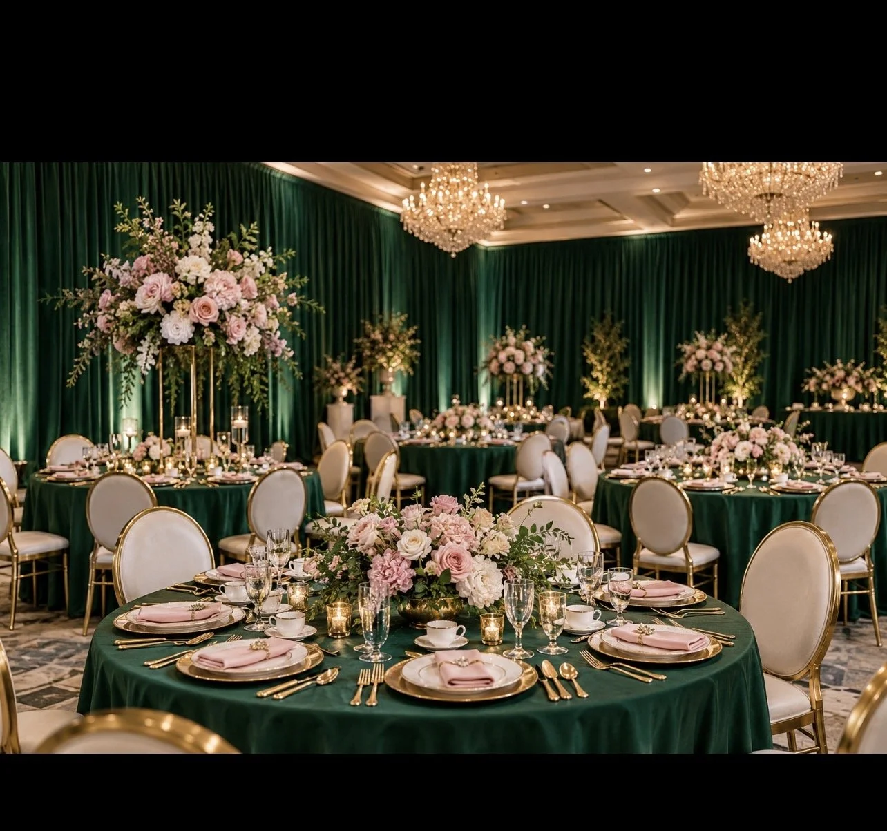 Elegant banquet hall decorated with green curtains, pink floral centerpieces, and gold-accented table settings for a wedding or special event.