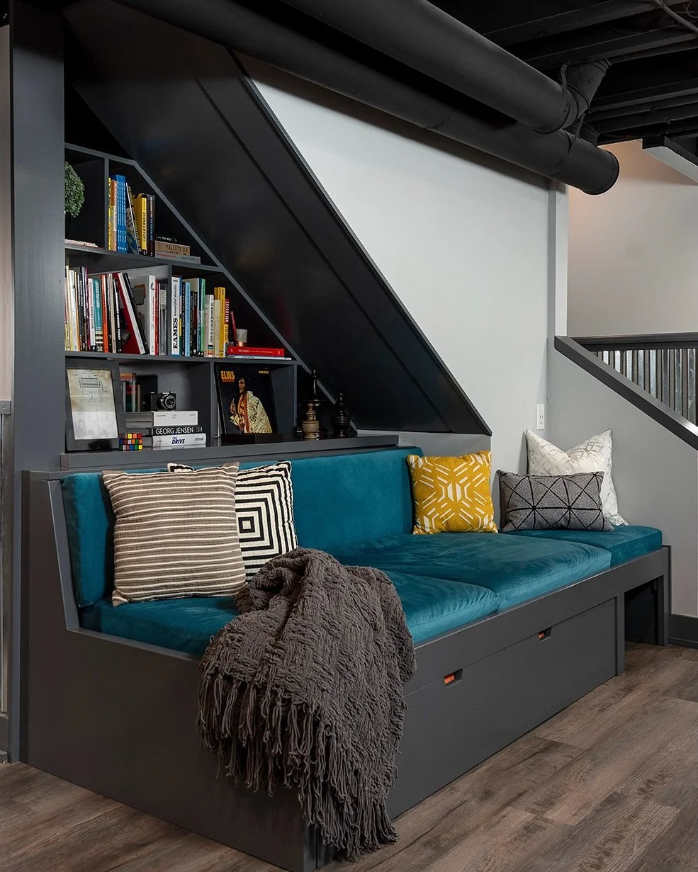 Summer sleepover season is here. This custom built-in sofa reveals a hidden trundle bed, for when it&rsquo;s time to shut down the Xbox and get some rest. 

Project: Grayslake Basement
Photos by @pictureperfecthouse 

#basementdesign #customdesign #g