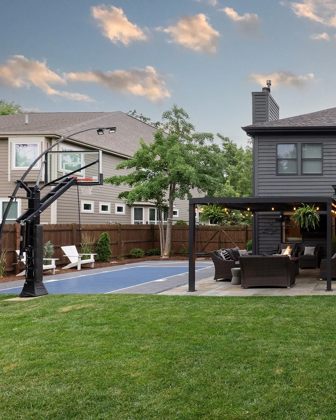 A place to play, lay, and filet. 

With a sport court, lounge area covered by a louvered pergola, and separate grilling and dining area, there&rsquo;s something for everyone. 

Project: Shifting Gears
Photo by @yandbinteriorsphotography 

#exteriorsp