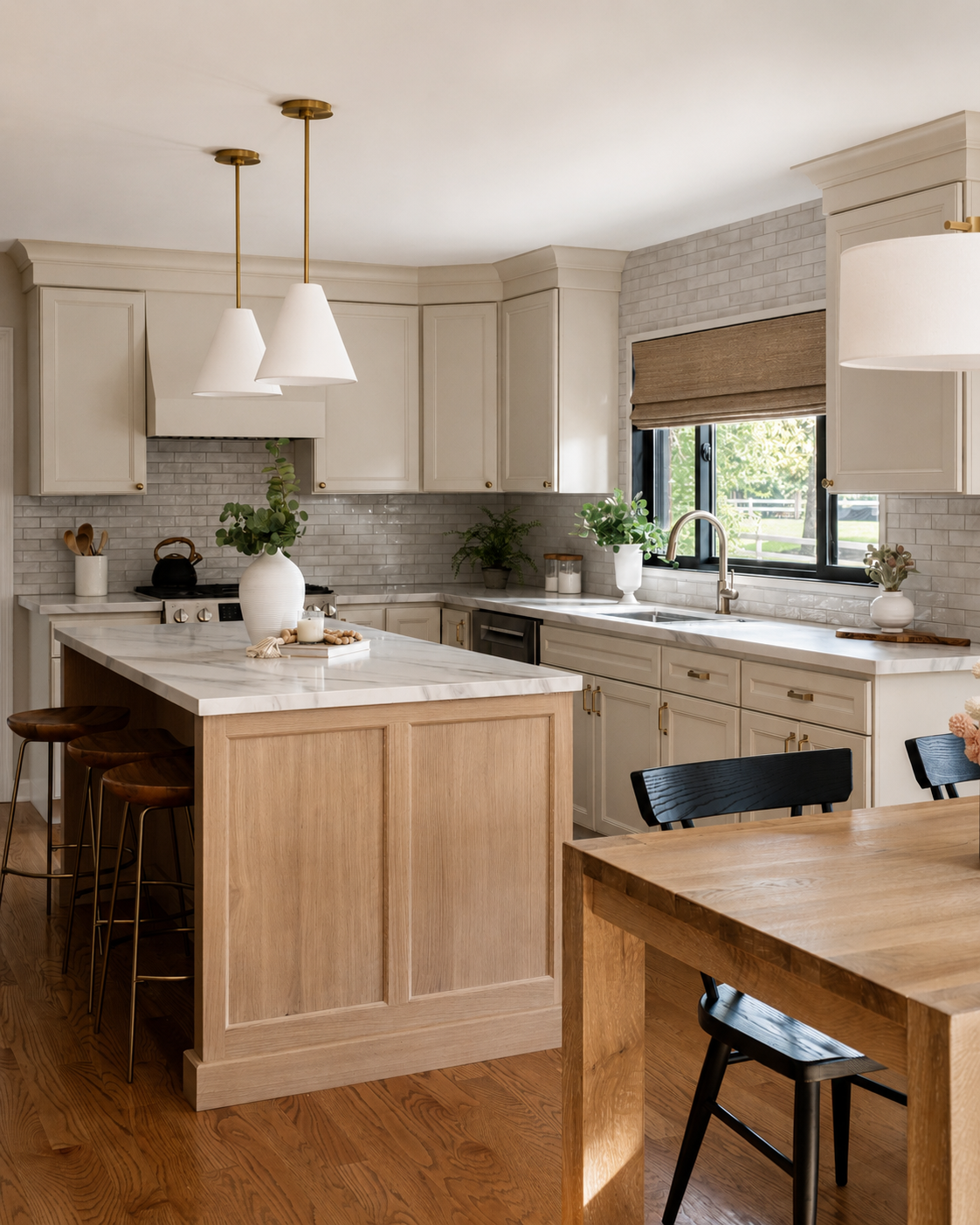 Bright kitchen with off-white cabinets, marble countertops, and a wooden island with seating. Decor includes potted plants, a vase, and a serving tray, with sunlight coming through a window.