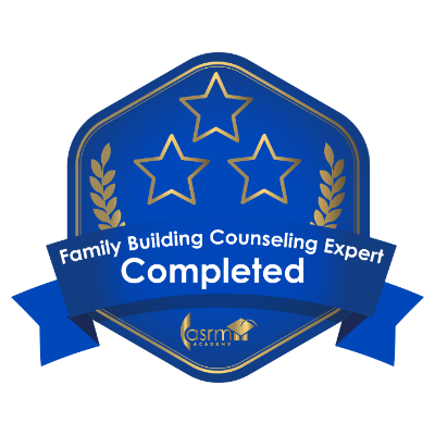 Badge with three gold stars and laurel branches, reading "Family Building Counseling Expert Completed" with ASRM Academy logo.