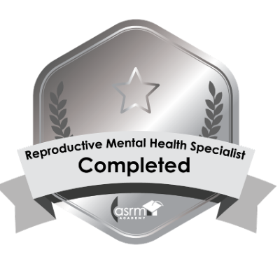 Silver badge with a star at the top, laurel leaves on sides, and a ribbon across the center that reads "Reproductive Mental Health Specialist Completed" with the ASRM Academy logo below.