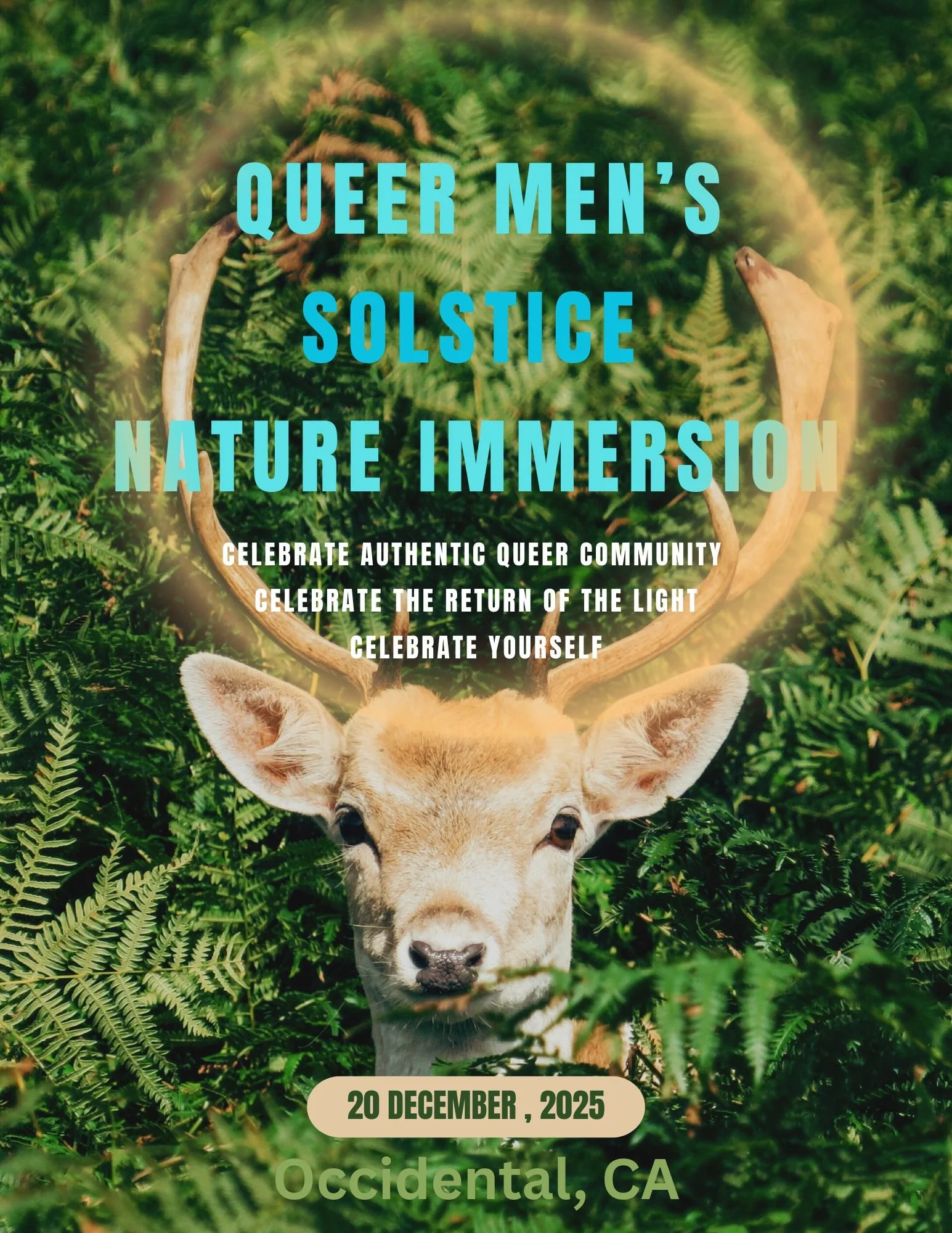 A reindeer with antlers amidst green foliage, with overlaid text promoting a queer men's solstice nature immersion event, including details about date, location, and celebration messages.