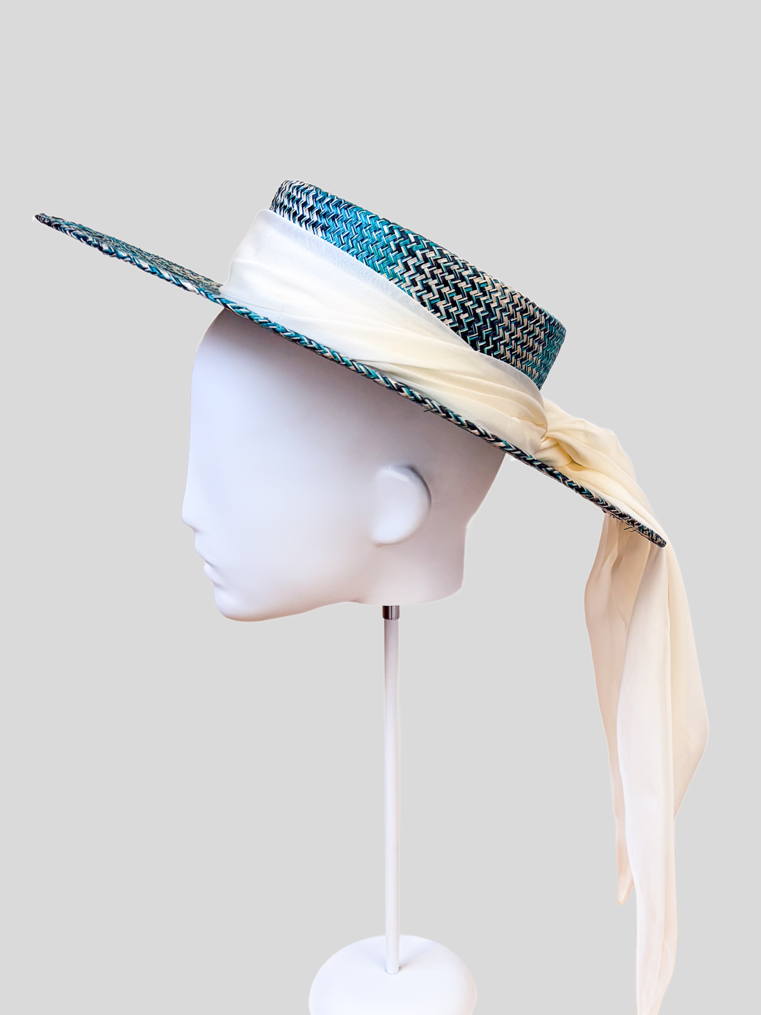 Solara Azure woven boater hat shown from the right side.