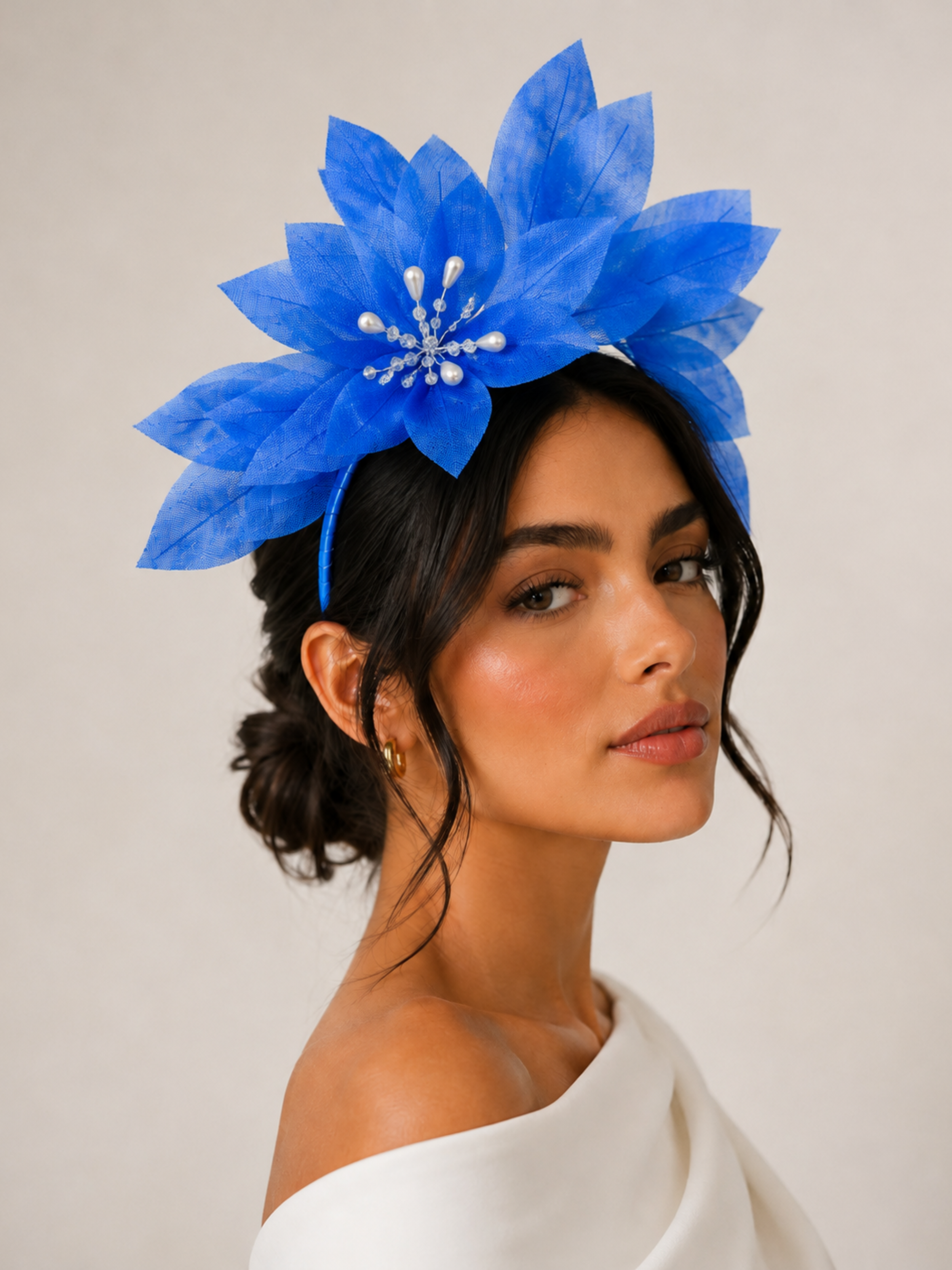 Model: Azure floral headband worn