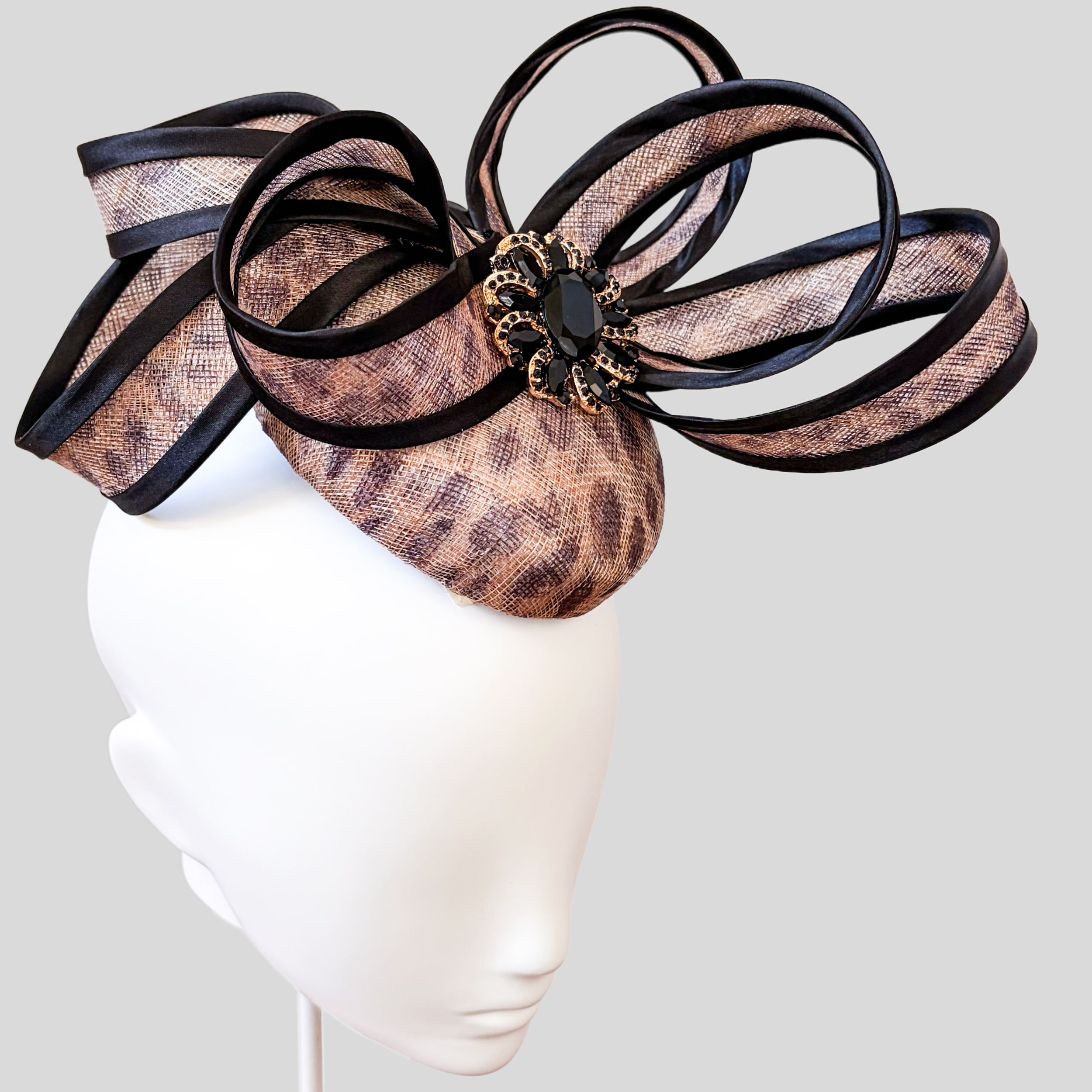 Leopard Print Sinamay Fascinator with Black Trim & Crystal Brooch | Midnight Savannah