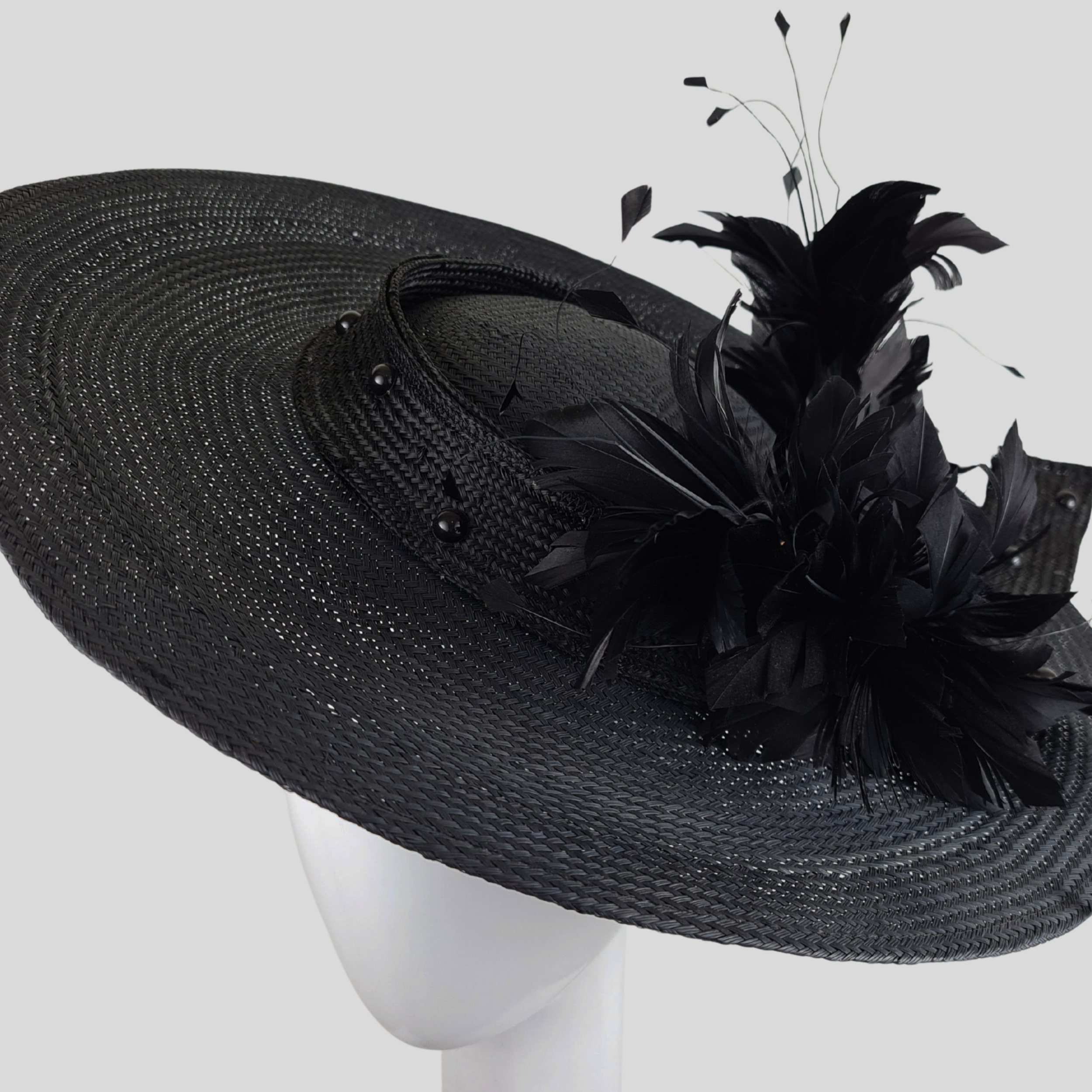 Black Ladies Wide Brimmed Straw Fascinator Hat - Paige