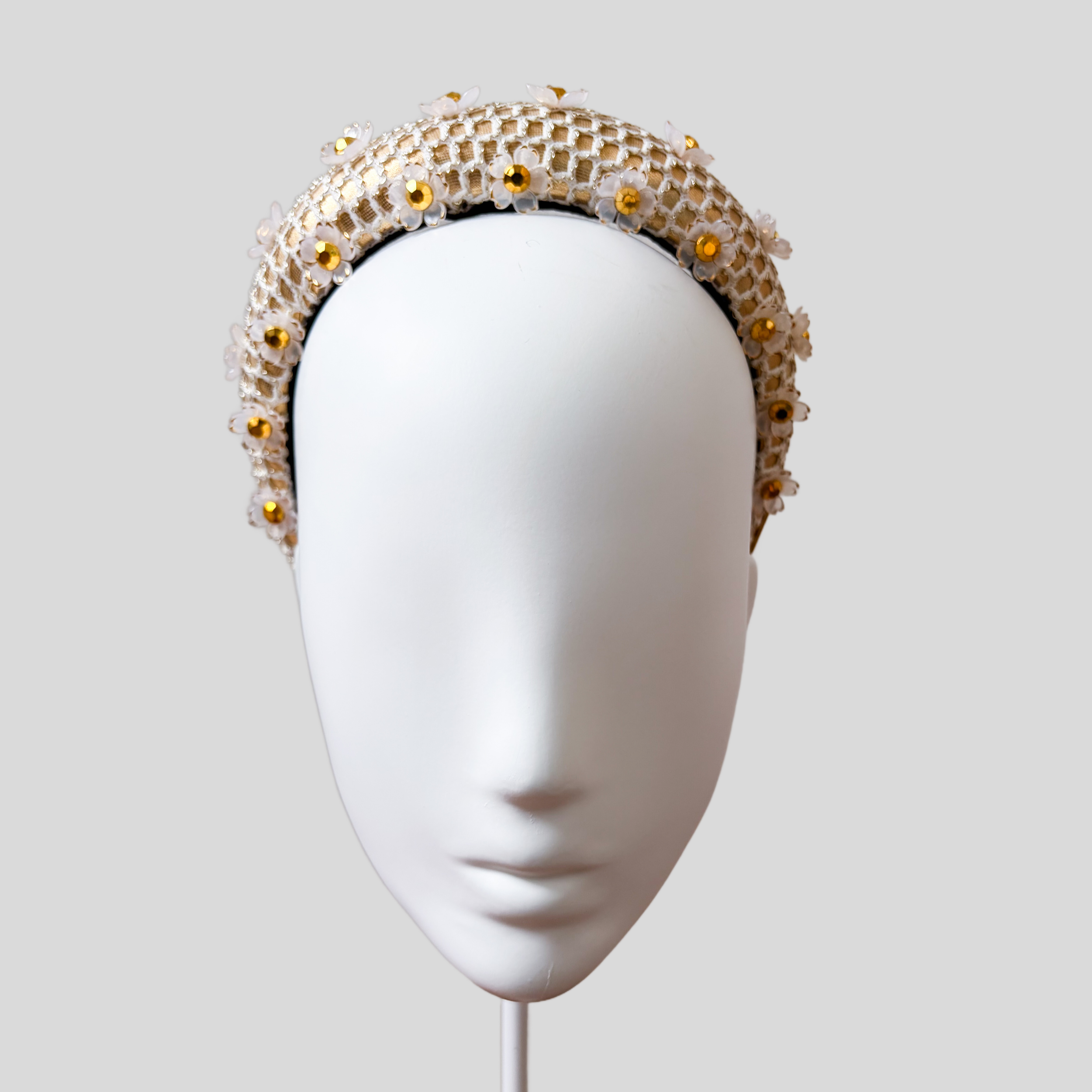 White and Gold Embellished Floral Headband - Thea