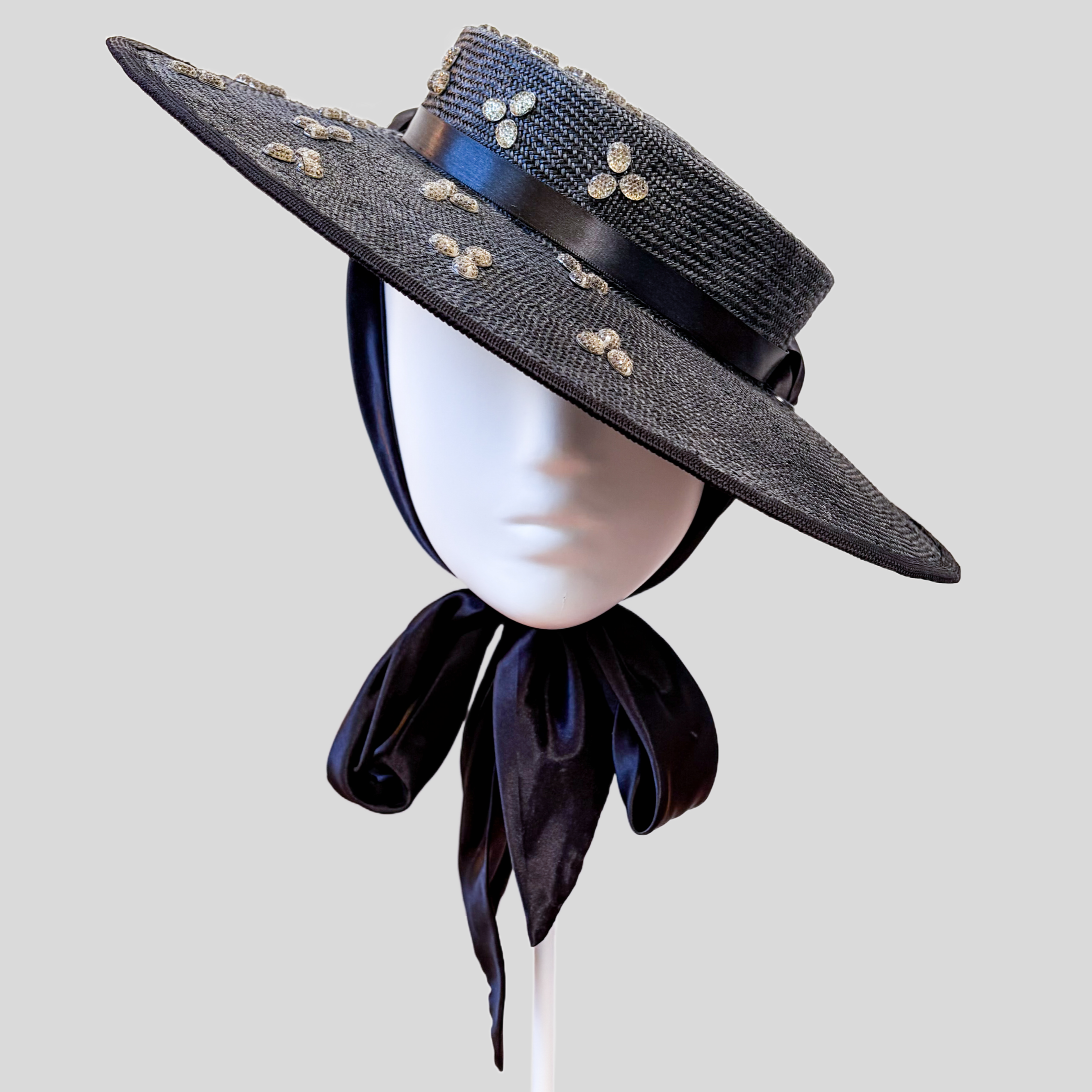 Black Parisisal Brimmed Boater Hat with Silver Rhinestone Embellishment - Rosalie