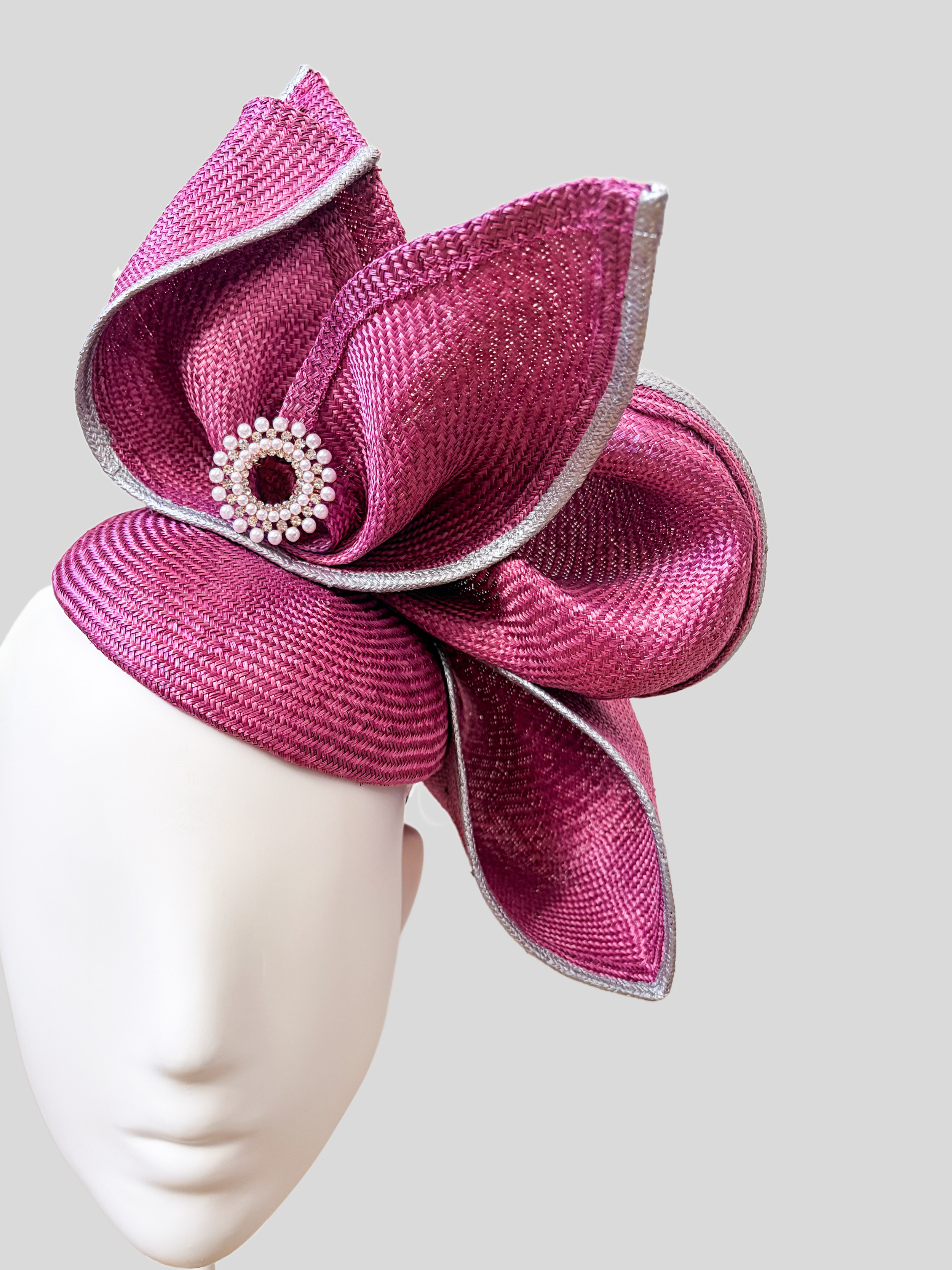 Close-up of Aria Amethyst metallic Parisisal straw, silver edging and pearl and crystal detailing.