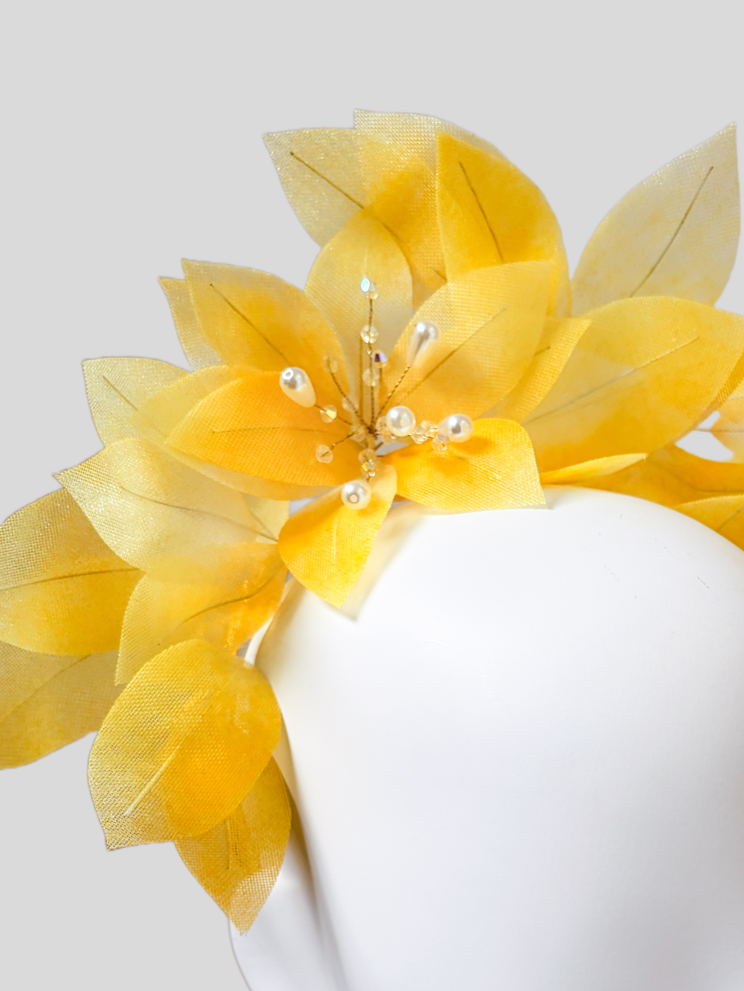 Detail: Marigold floral headband embellishment