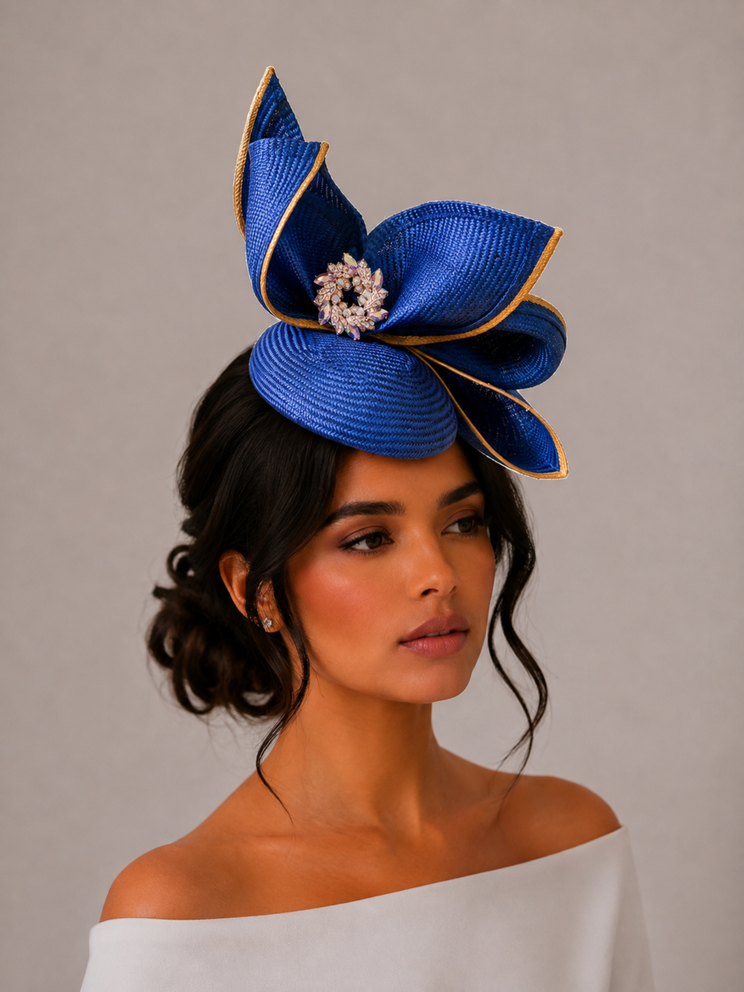 Aria Cobalt sculptural headpiece styled on a model.