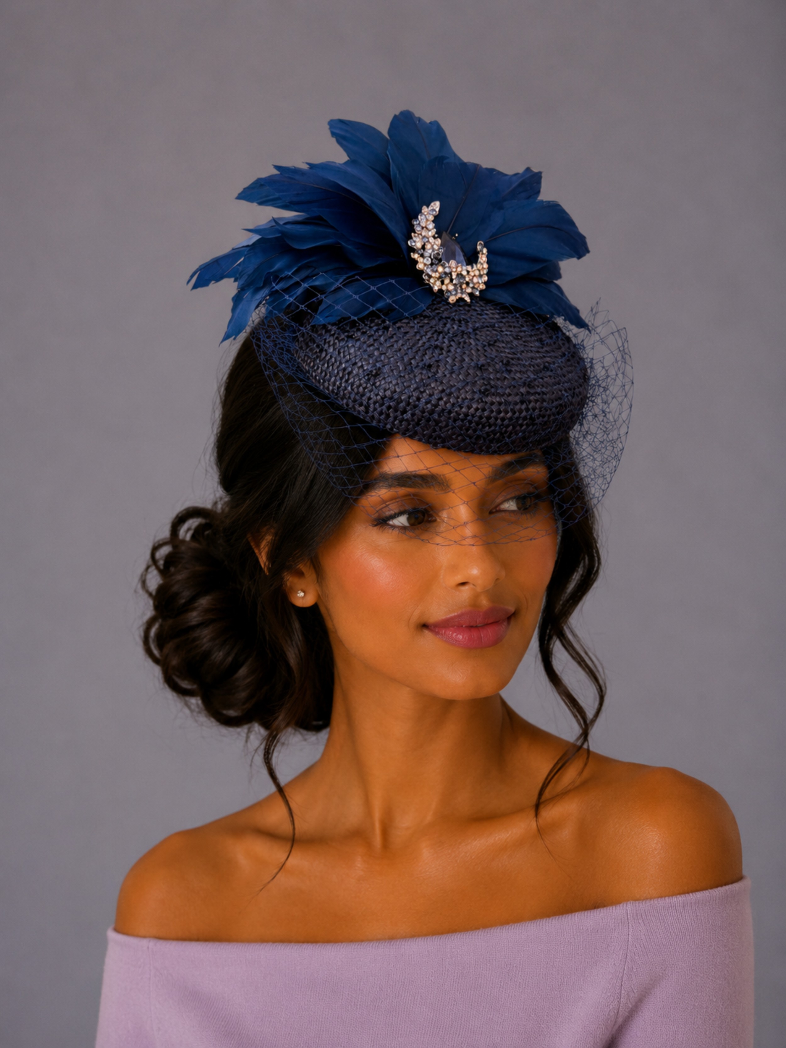 Parisisal Cocktail Hat  Navy Veiled Fascinator Model.png