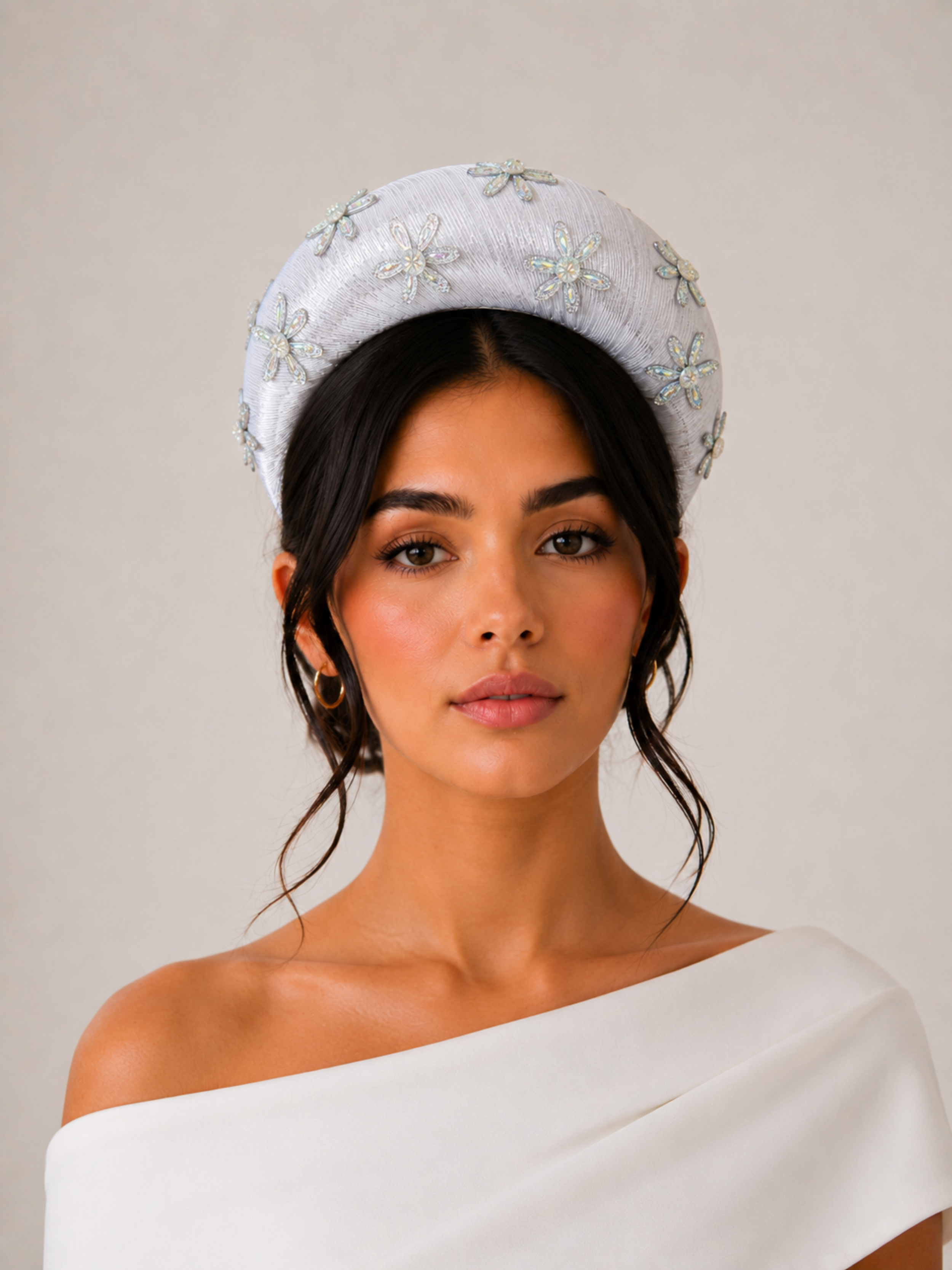 Celeste Silver floral halo headband styled on a model.
