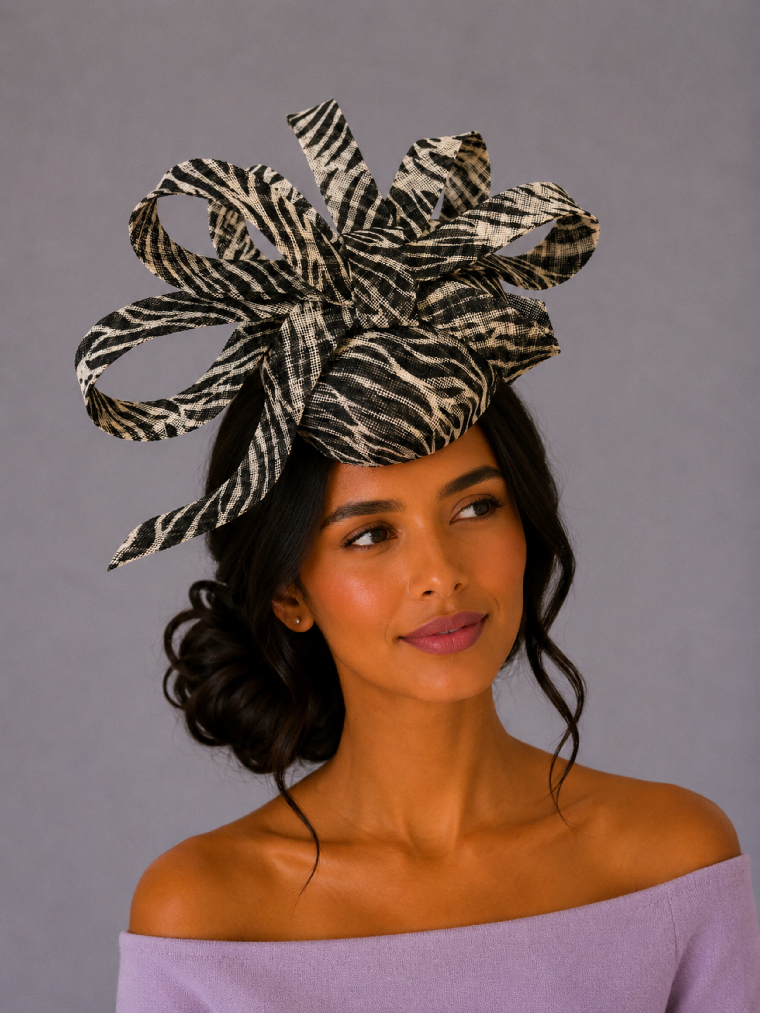 Zebra Print Sinamay Cocktail Hat Model.png