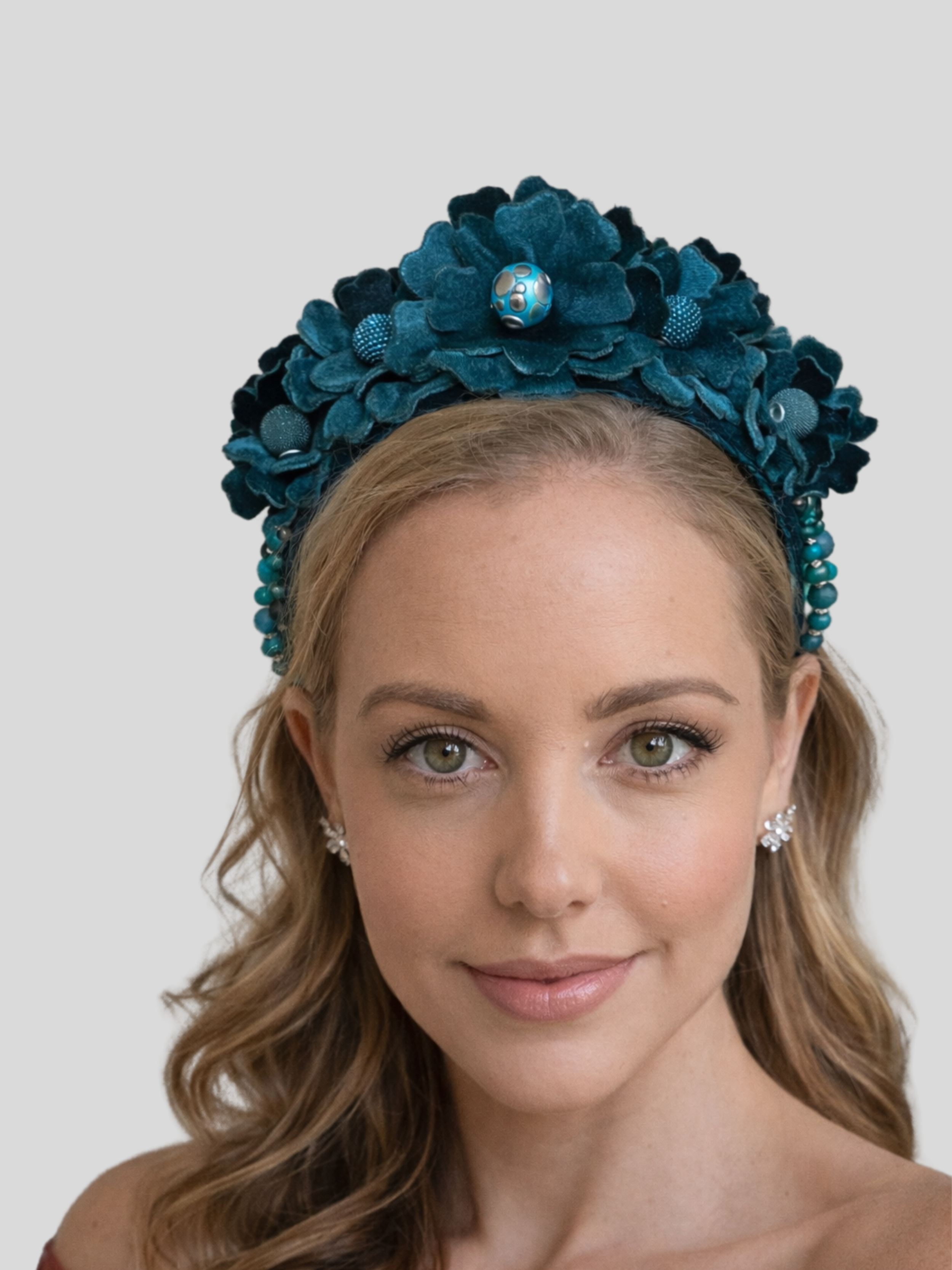 teal-green-velvet-floral-headband-fascinator-elena-model-view.png