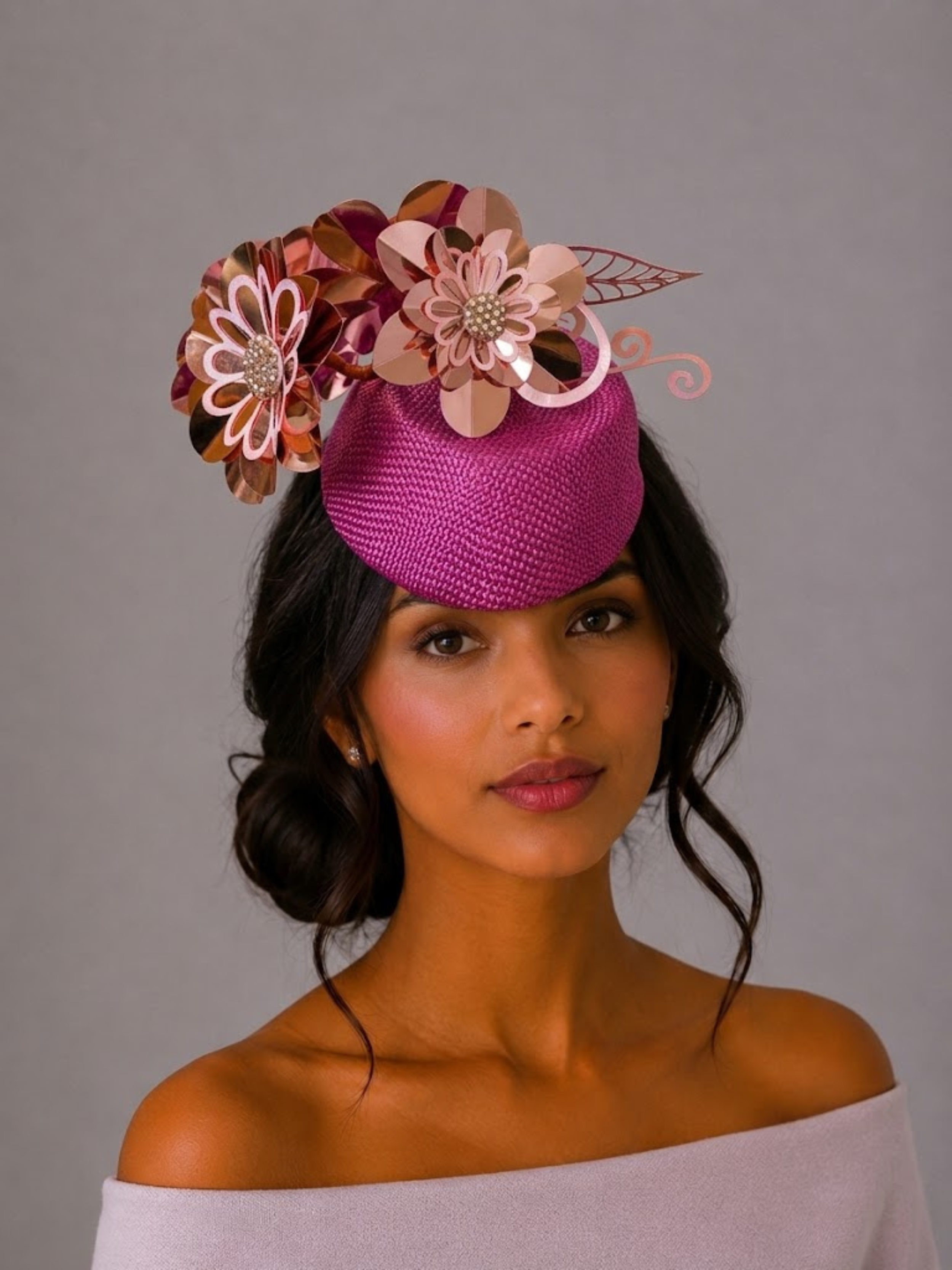 Model: Aurelia Orchid metallic floral headpiece styled on a model.