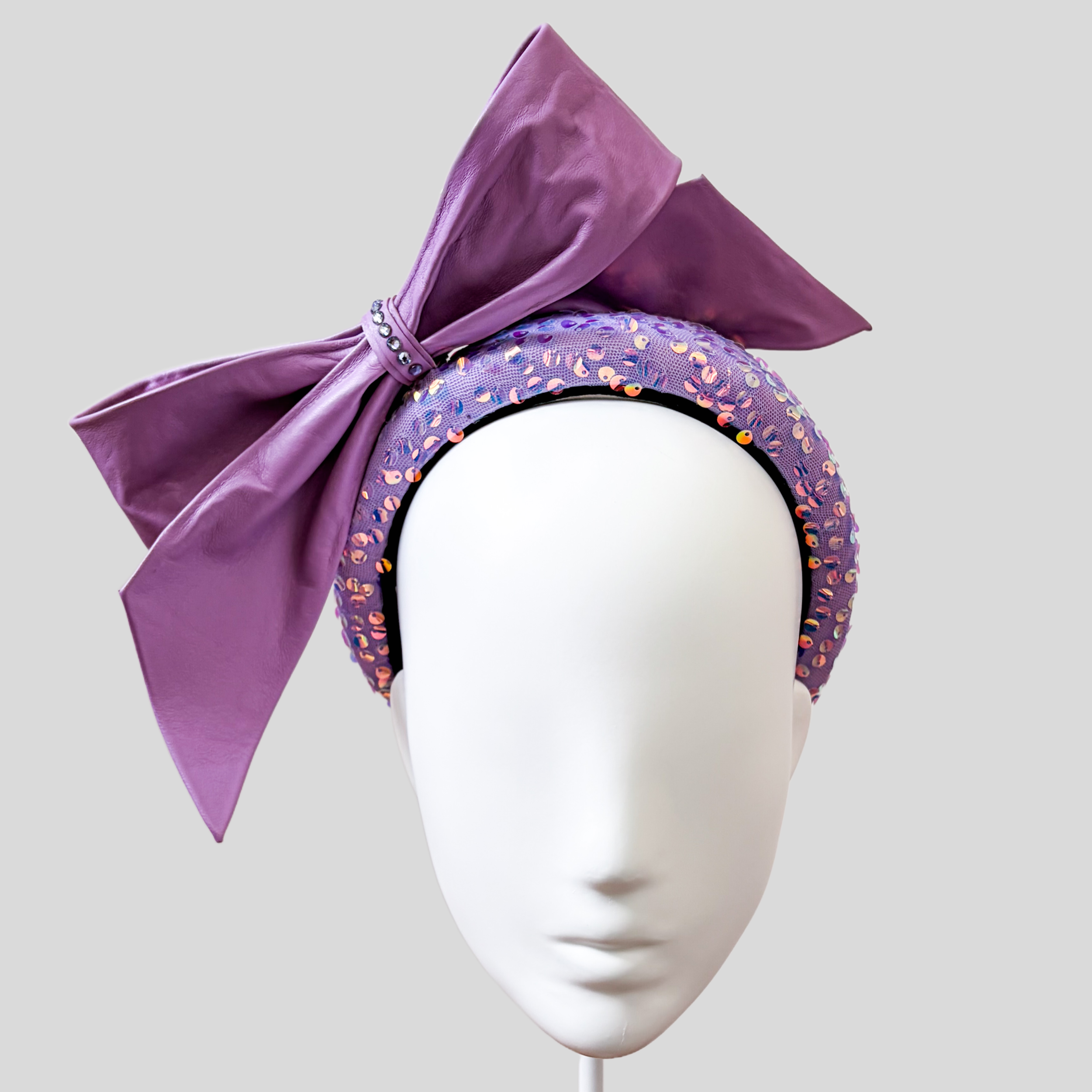 Lilac Sequin Headband Fascinator with Leather Bow - Asher