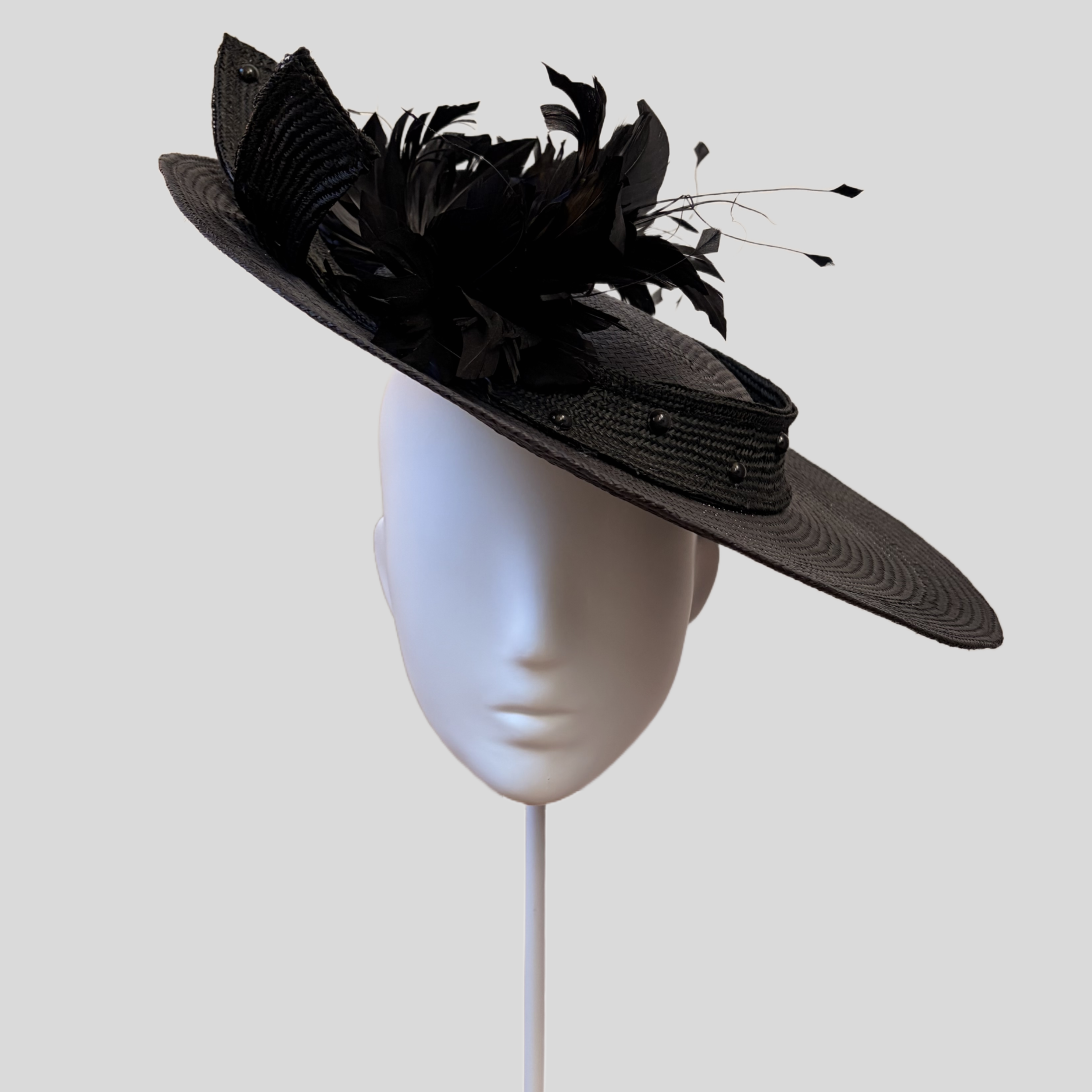 Black Ladies Wide Brimmed Straw Fascinator Hat - Paige
