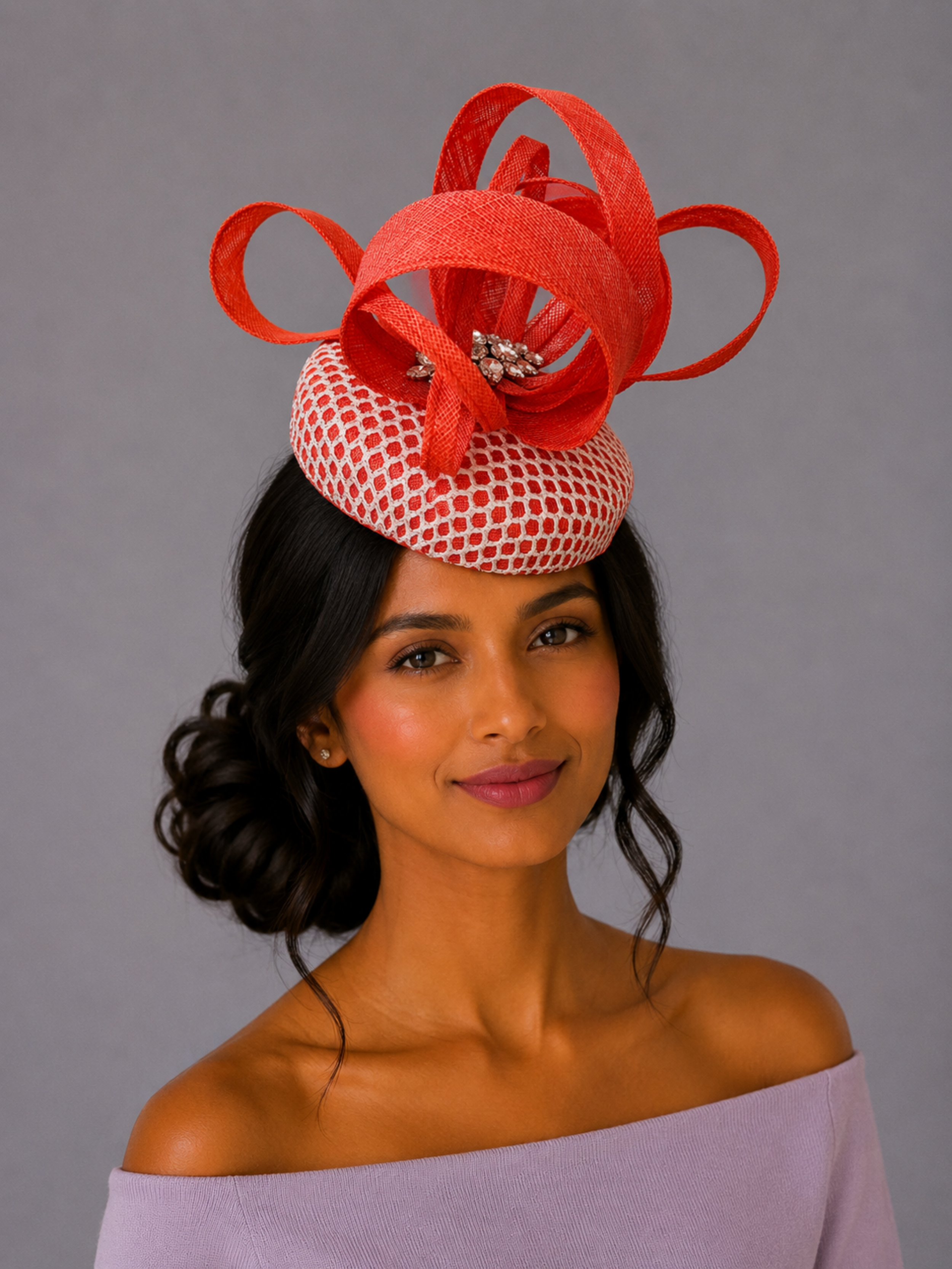 Mandarin Orange Cocktail Hat with Lace Overlay Model.png