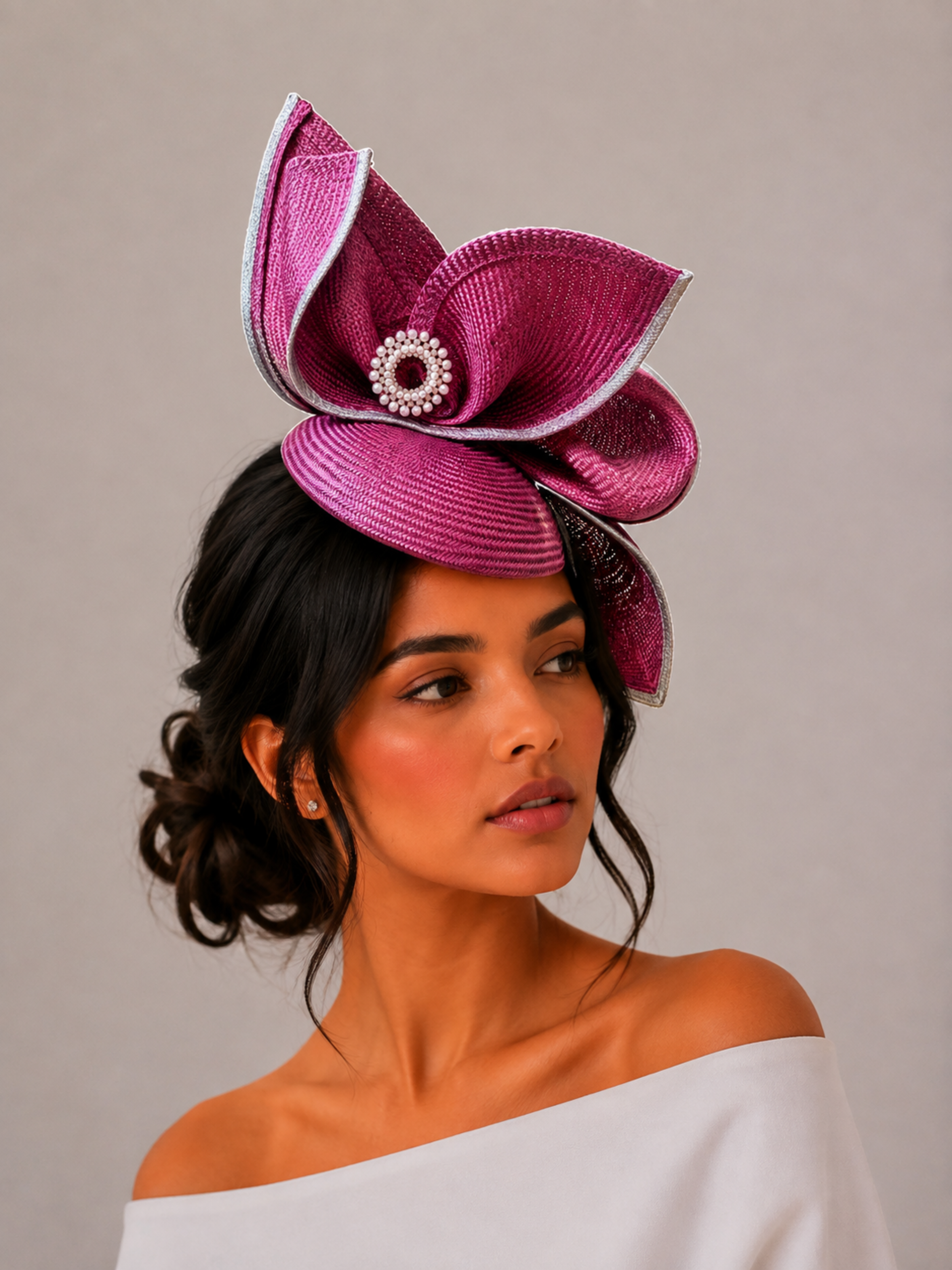 Aria Amethyst sculptural headpiece styled on a model.