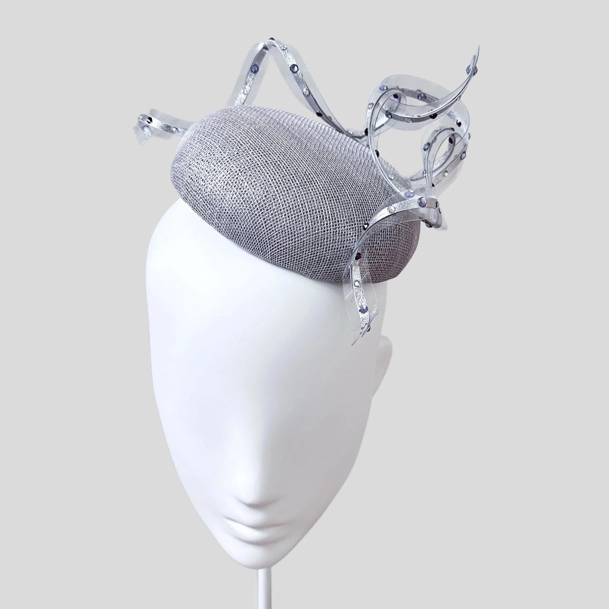 Silver Mini Cocktail Hat with Swarovski & Purple Accents - Galassia Argentata
