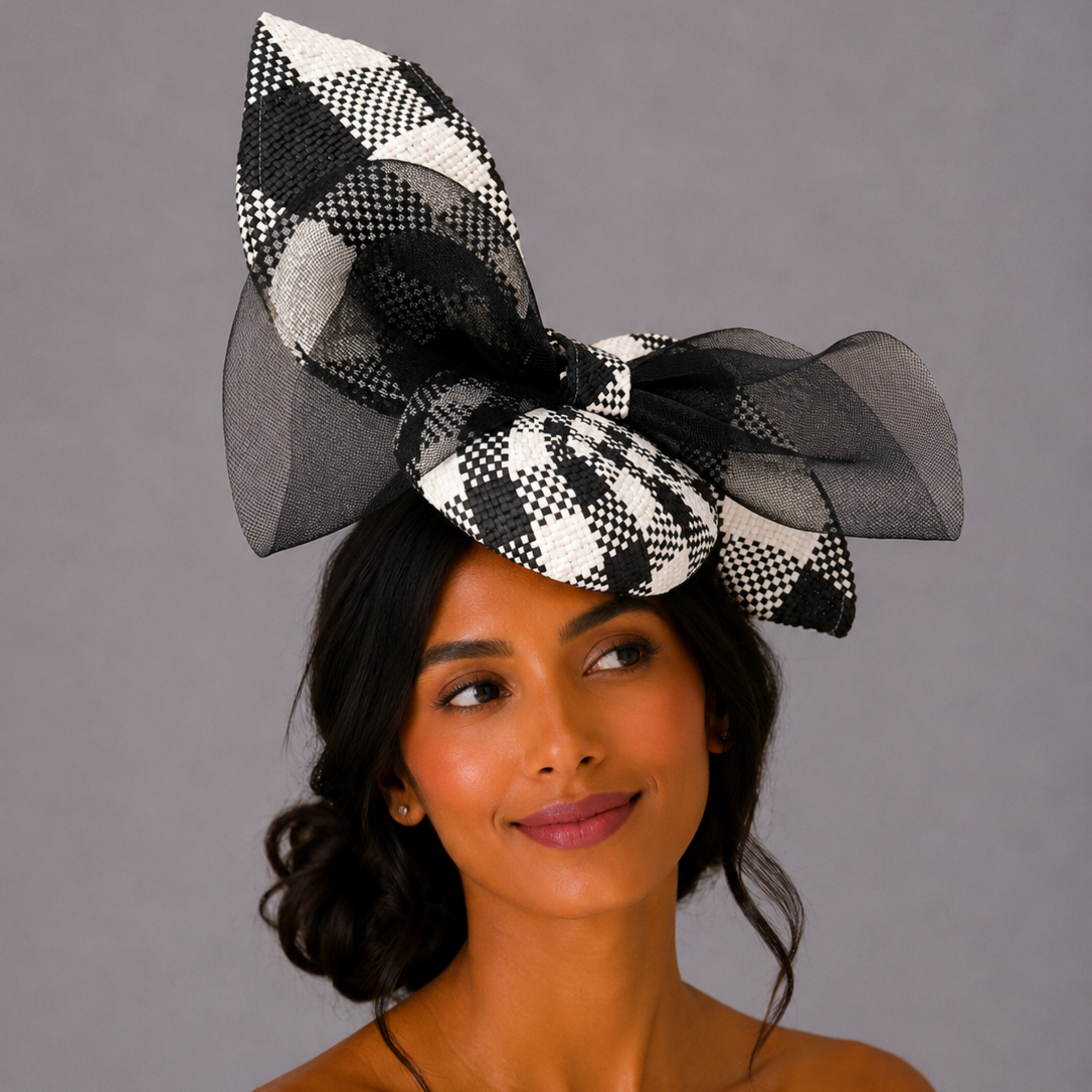 Monochrome Check Bow Fascinator | Black & White Textured Cocktail Hat | Harlequin Bow