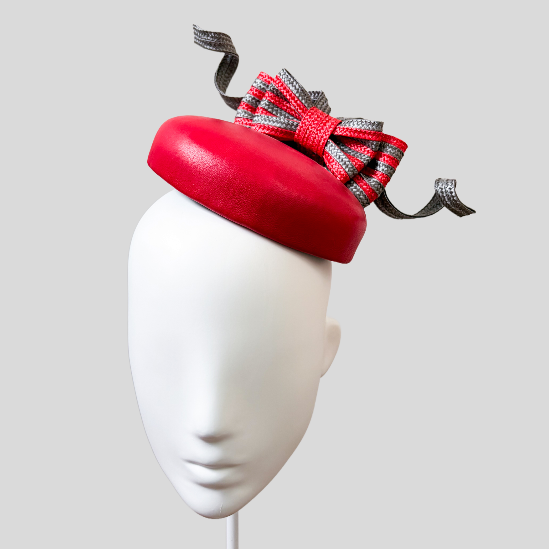 Red & Grey Leather Bow Cocktail Hat - Camila