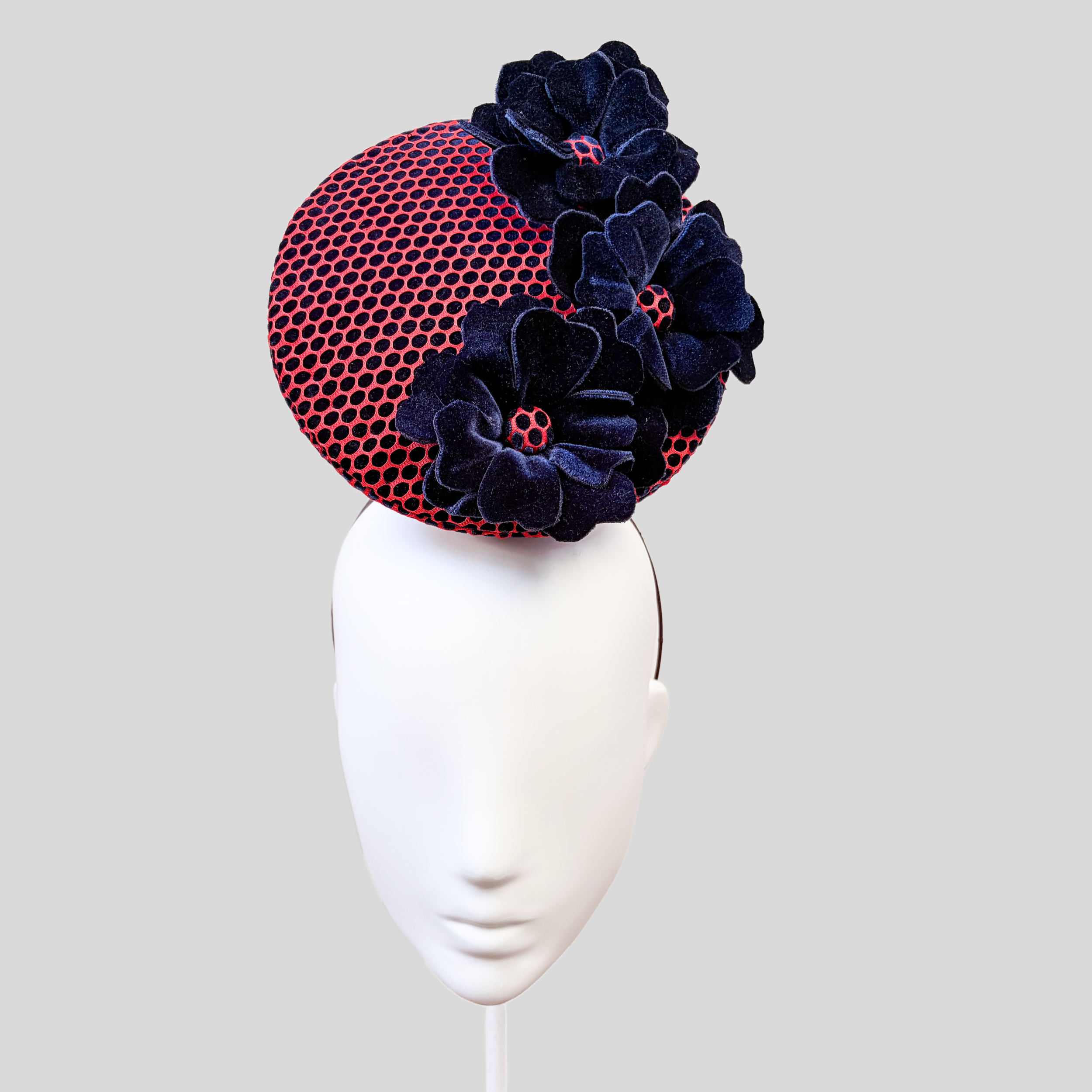 Velvet Floral Percher Hat Red & Navy - Anna