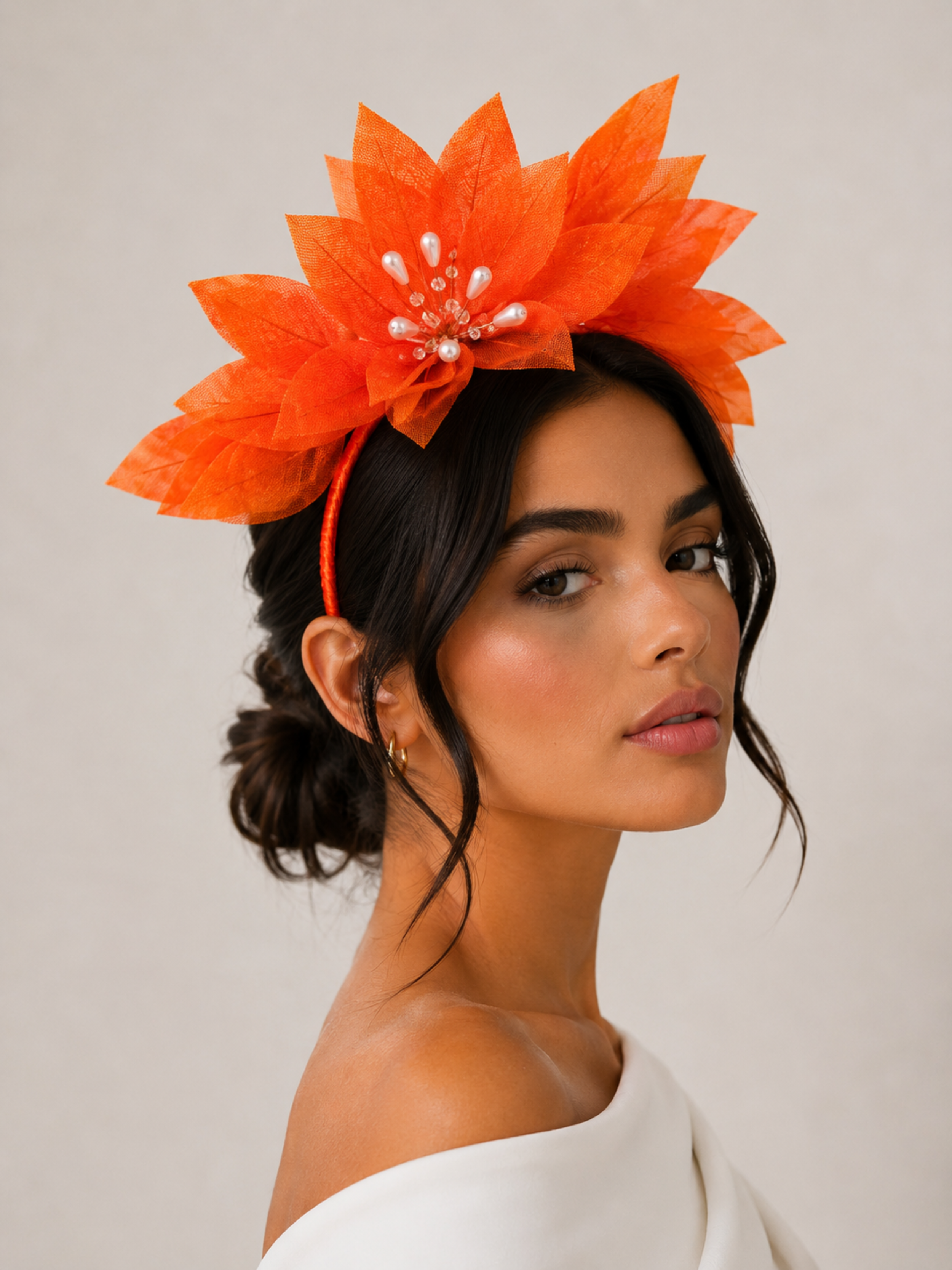 Model: Tangerine floral headband worn