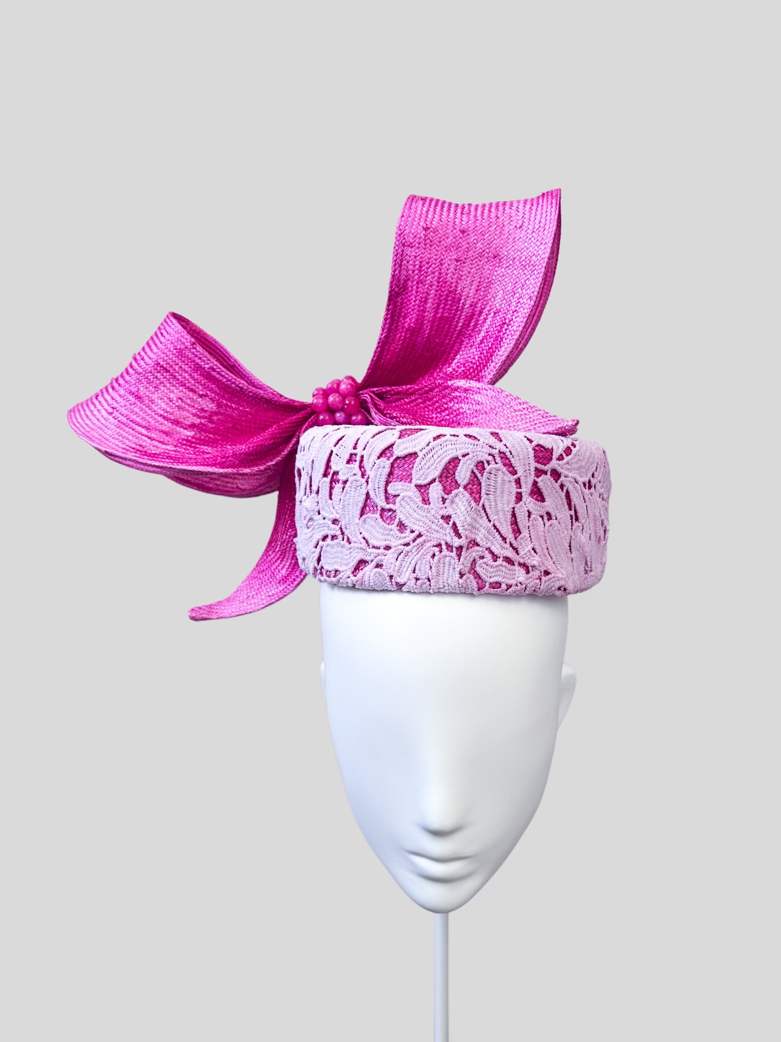 Front view of the Ombre Lace Pillbox with Parisial Bow, showcasing its classic pillbox style and modern elegance.