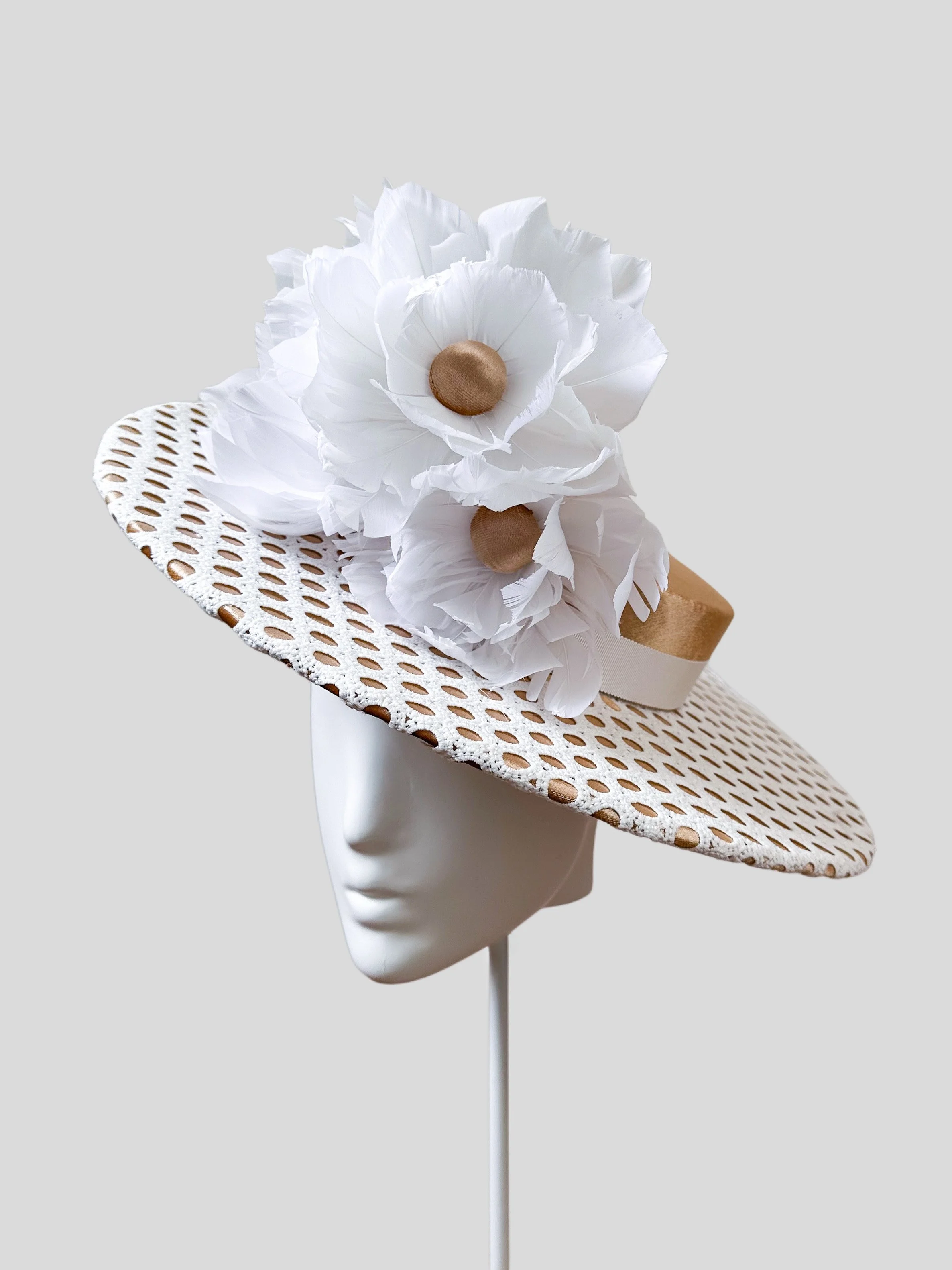 Right-side view of the Perles Roses hat, showing the graceful curve of the brim and the unique crinoline extension. Handmade for a sophisticated look.