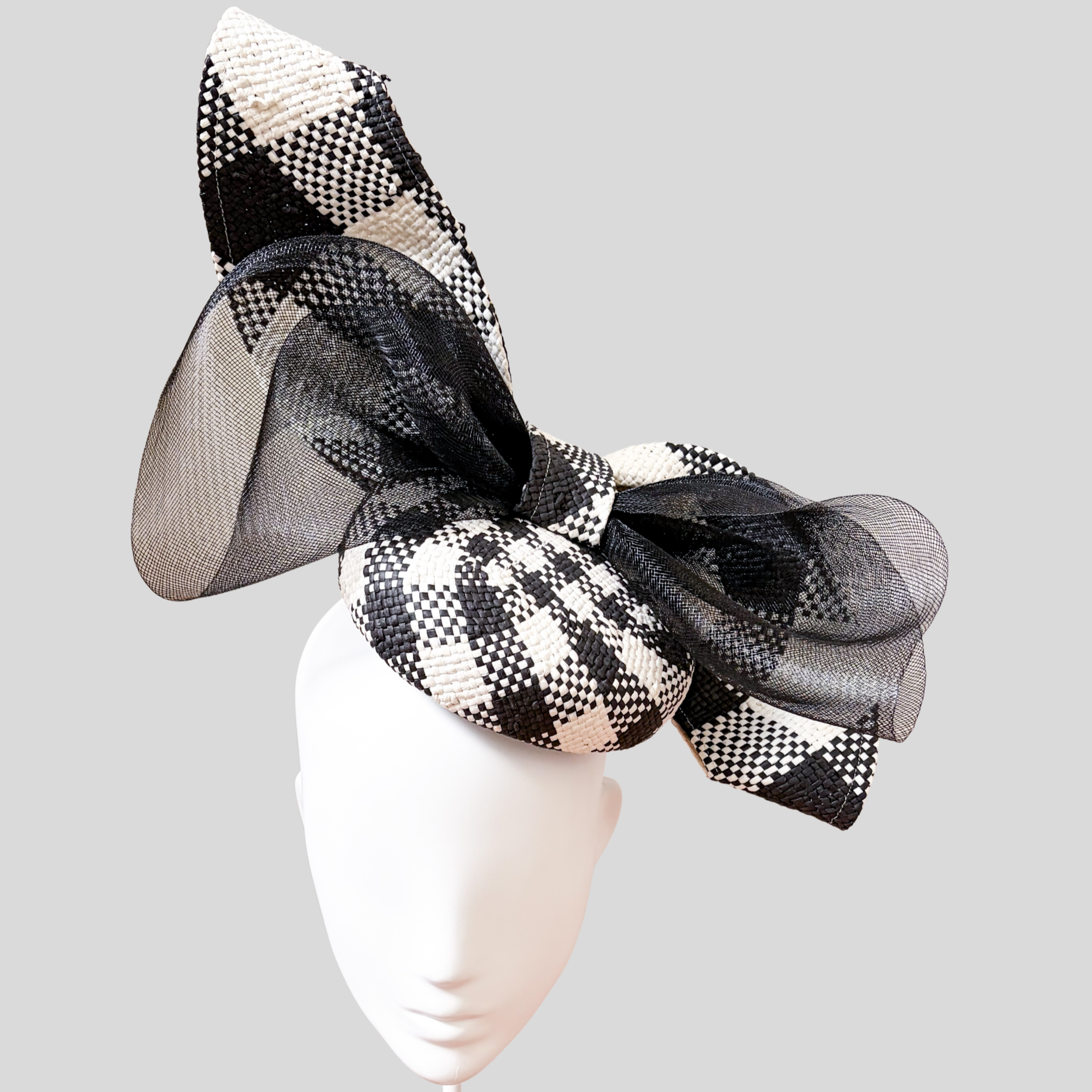 Monochrome Check Bow Fascinator | Black & White Textured Cocktail Hat | Harlequin Bow