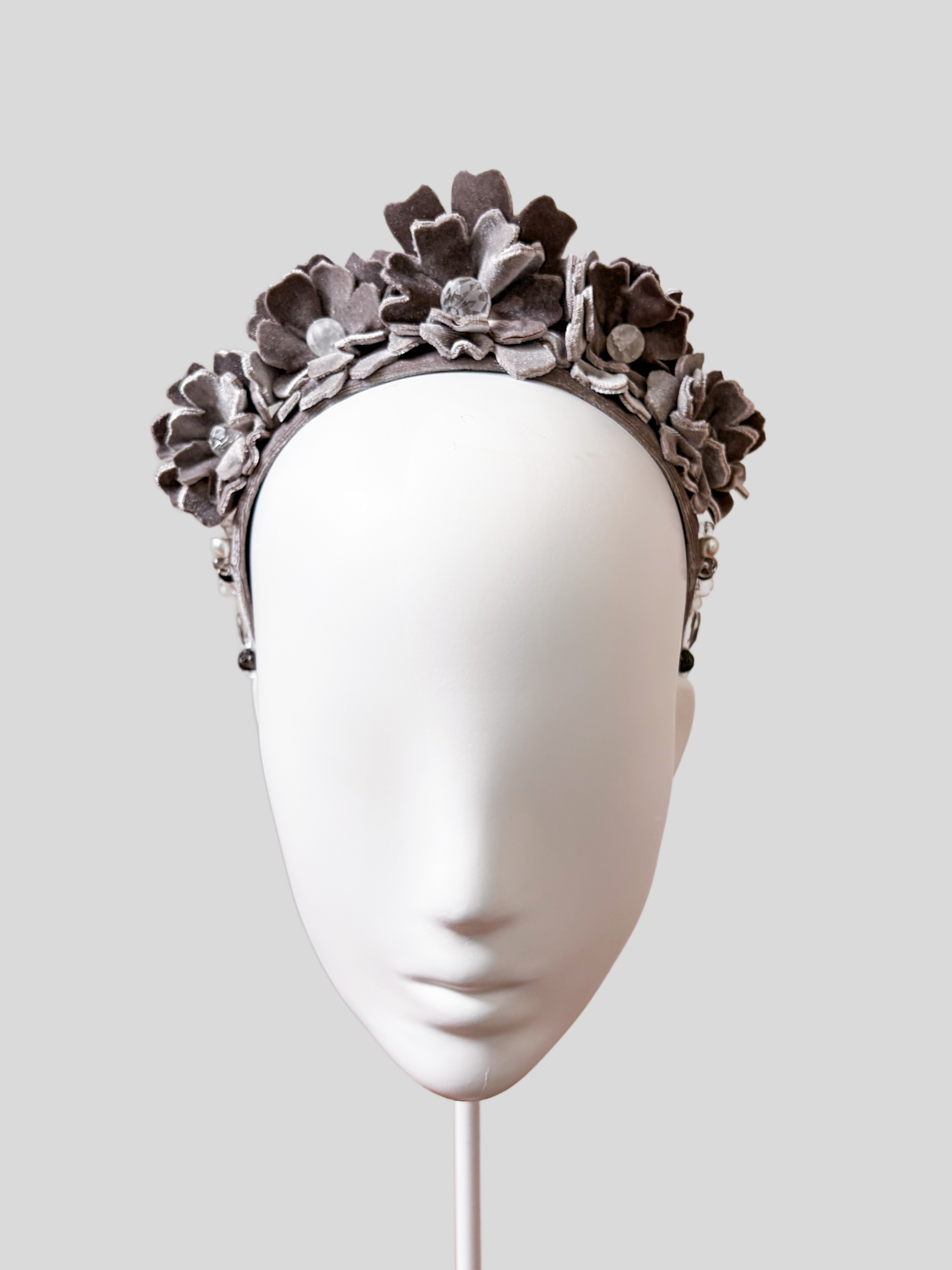 grey-velvet-floral-headband-fascinator-elena-front view.png