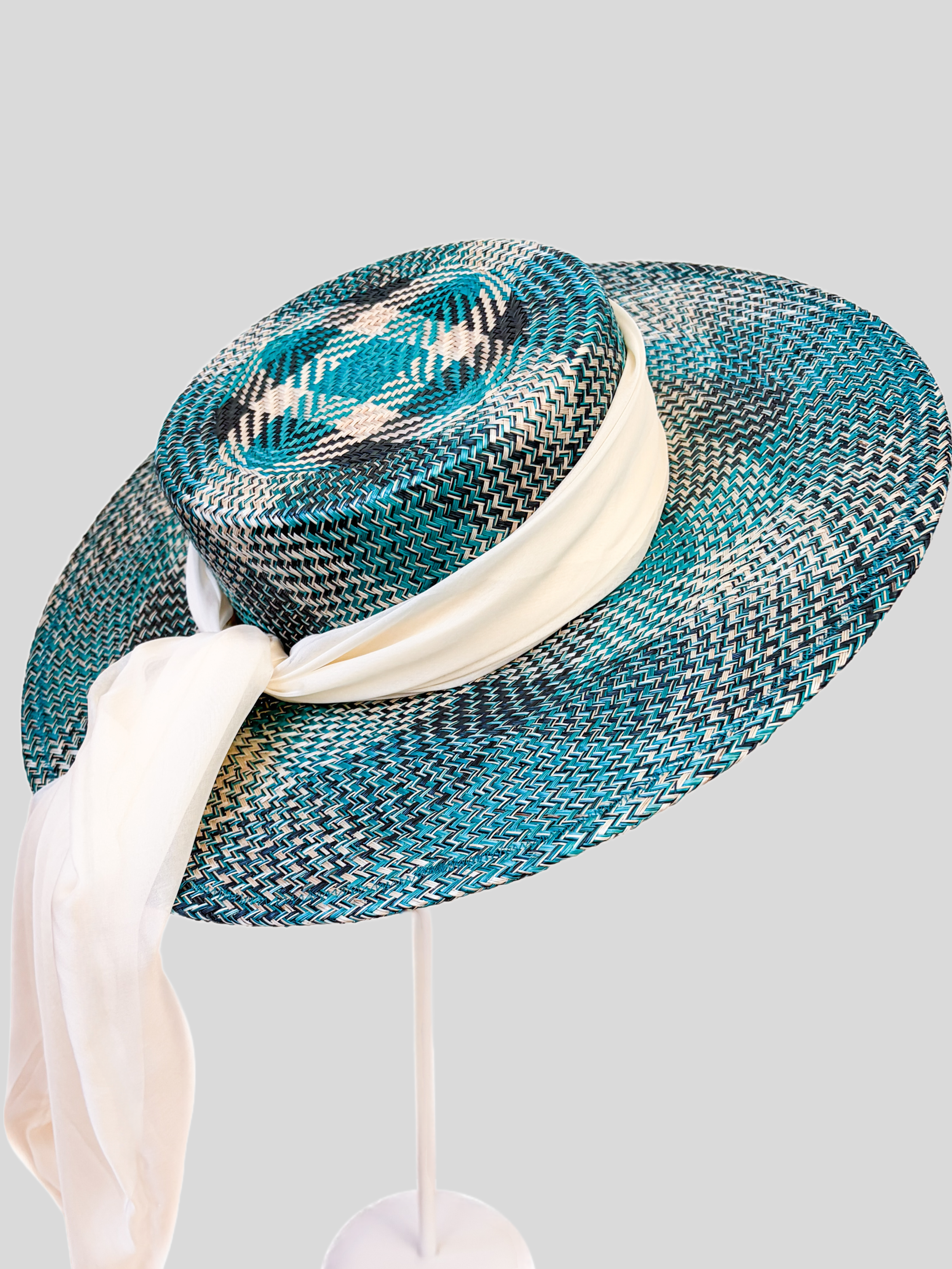 Close-up of Solara Azure woven buntal texture and silk chiffon detailing.