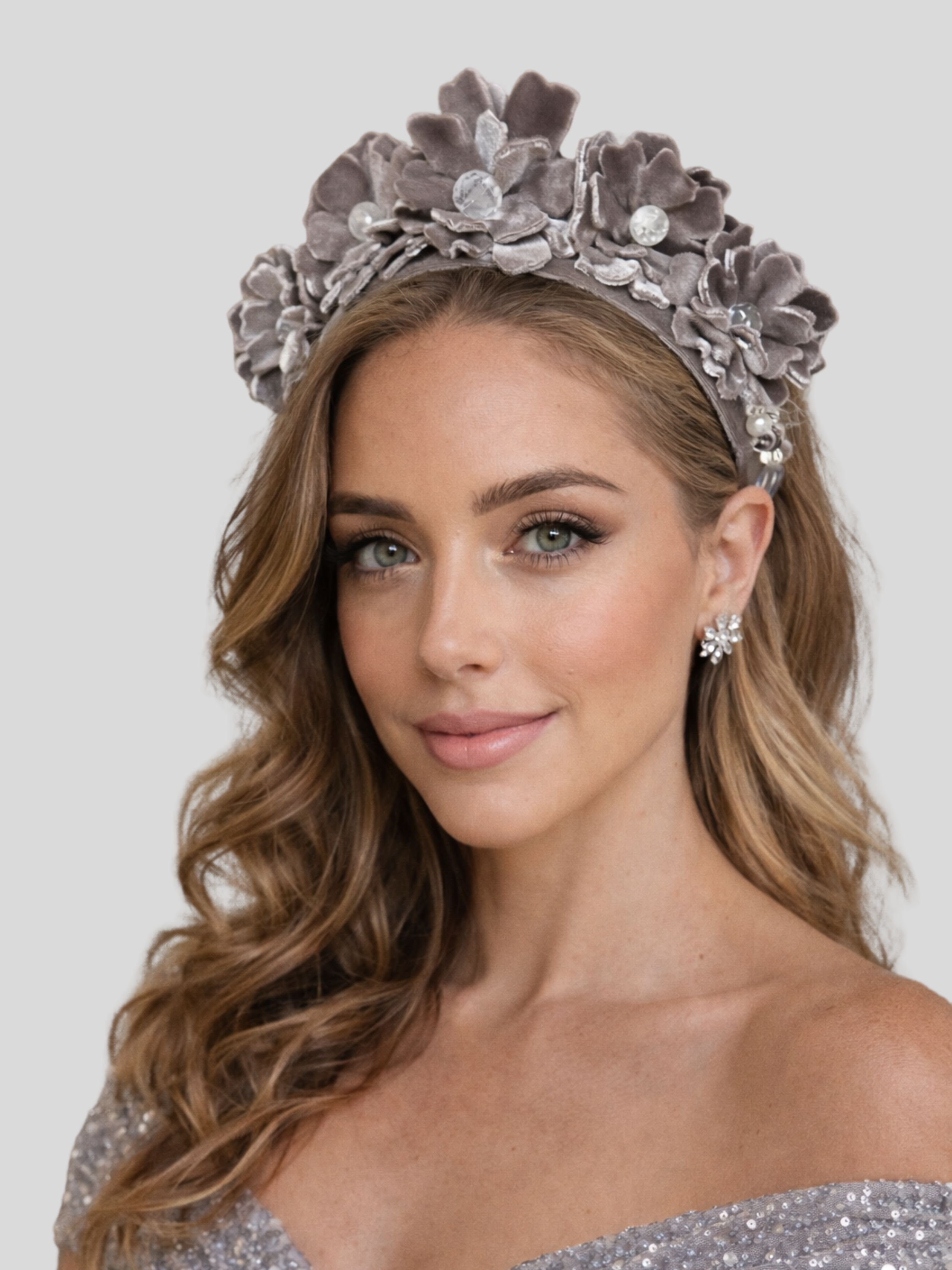 grey-velvet-floral-headband-fascinator-elena-model-view.png