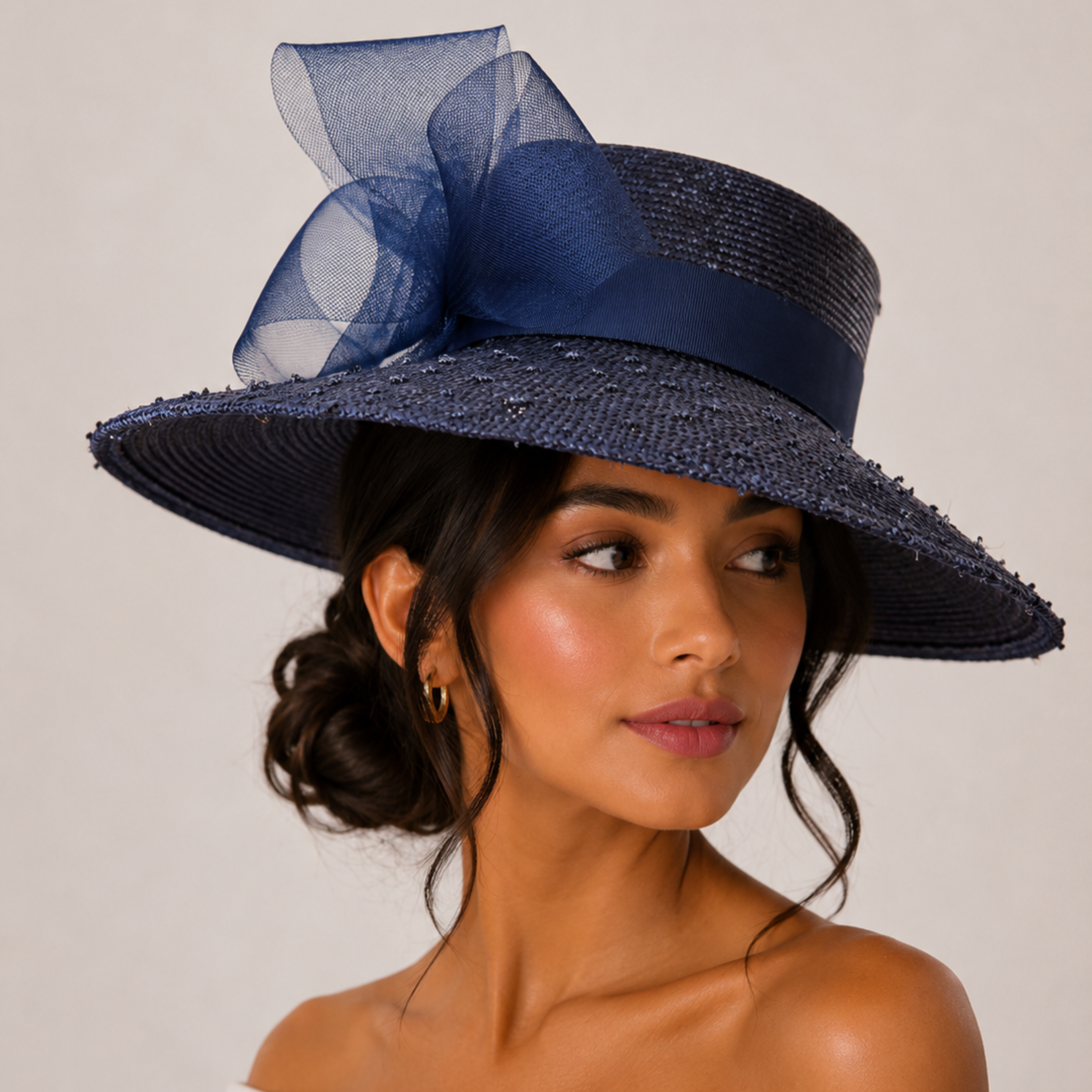 Navy Parisisal Wide Brim Hat with Crinoline Trim | Midnight Éloise