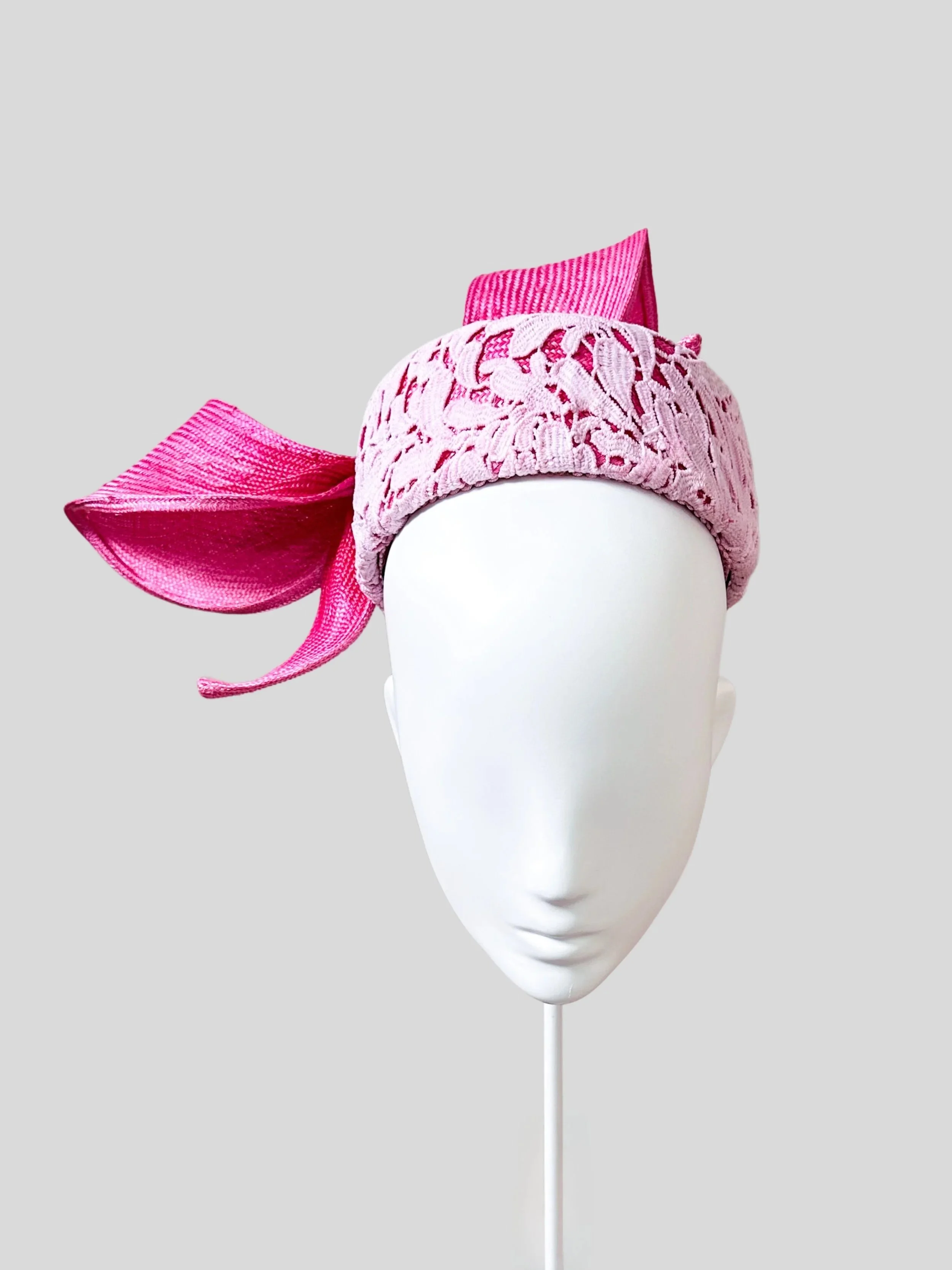 Front view of the Ombre Lace Pillbox with Parisial Bow, showcasing its classic pillbox style and modern elegance.