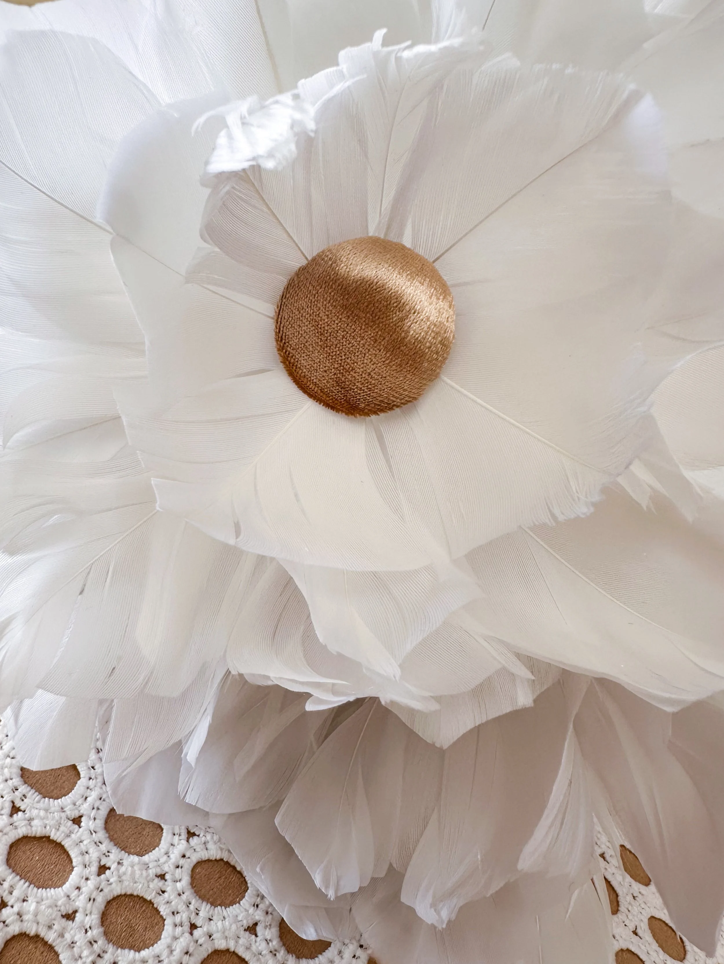 A detailed close-up of the Perles Roses hat, showcasing the intricate handbeaded cabochon pearls and delicate crinoline texture. Handmade in Melbourne, Australia.